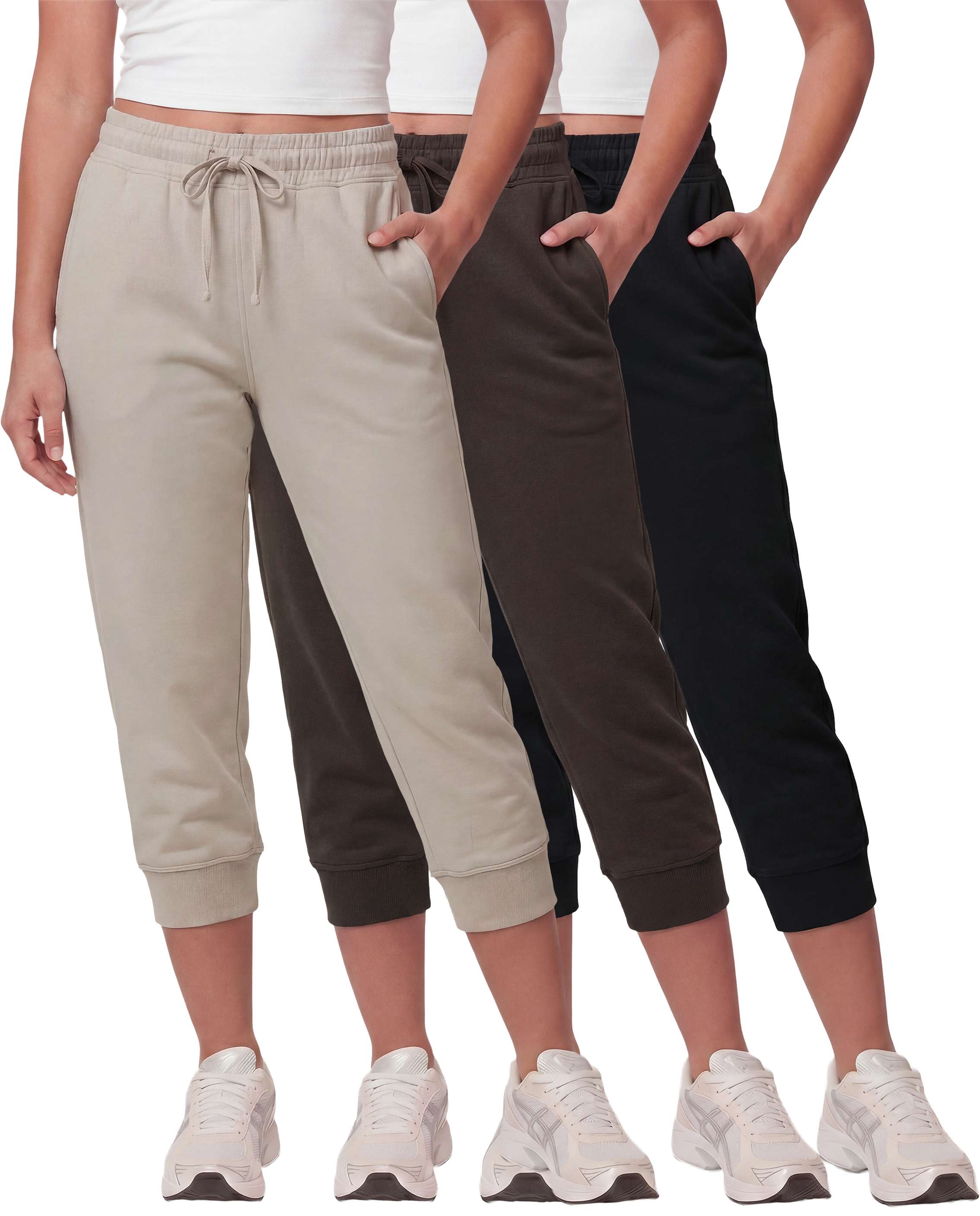 Real Essentials 3 Pack: Women’s Fleece Capri Joggers Athletic Lounge Gym Running Sweatpants with Pockets