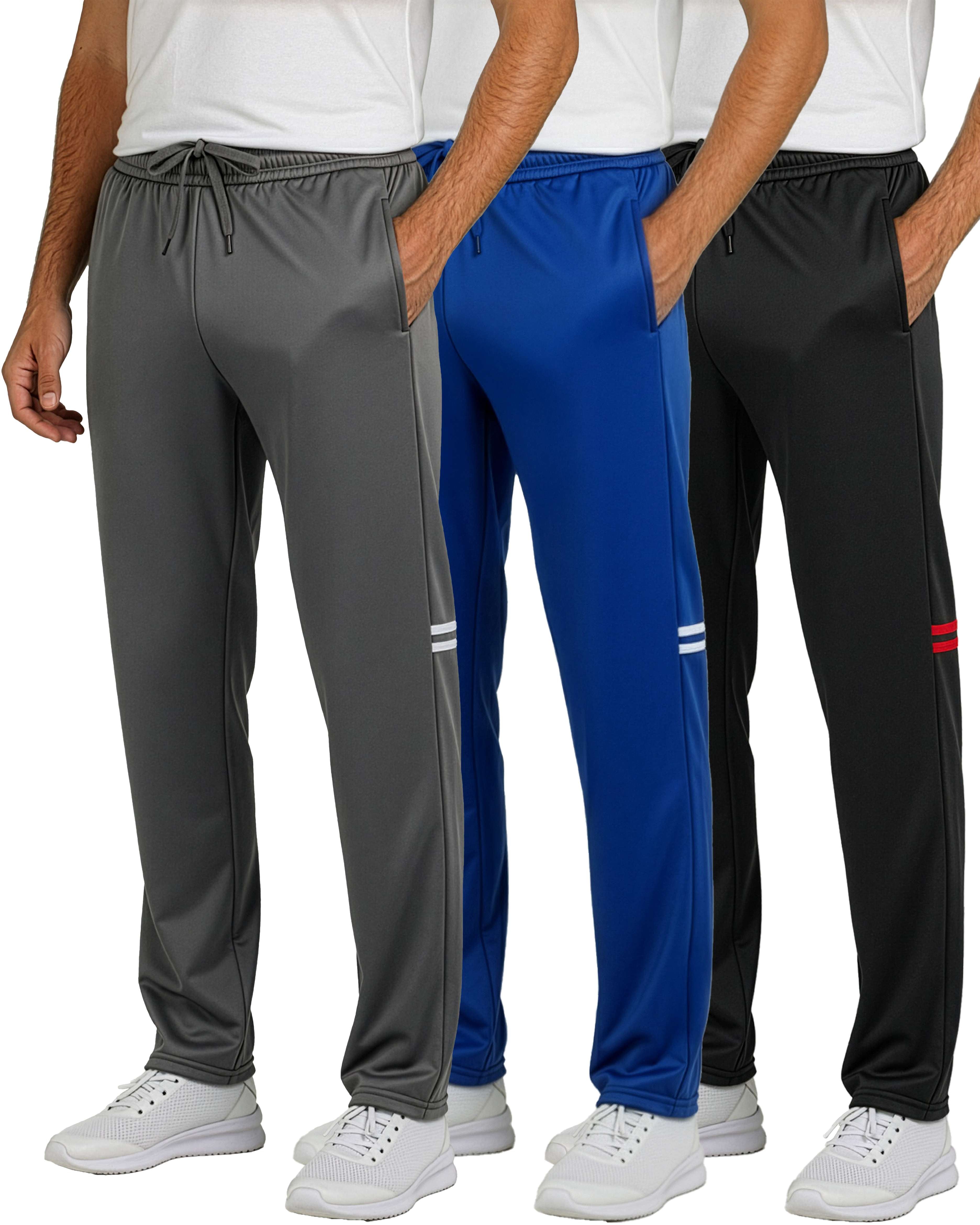 3 Pack: Mens Active Athletic Casual Tricot Open Bottom Sweatpants with Pockets (Available in Big & Tall)