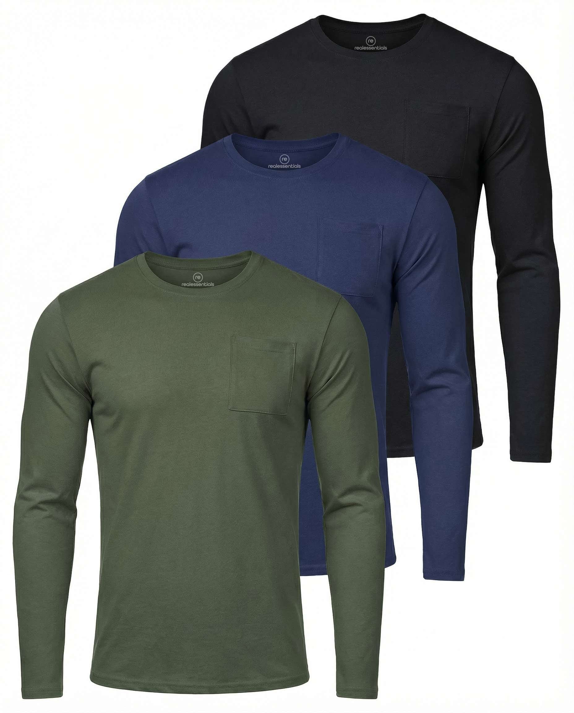 3 Pack: Mens Cotton Long Sleeve Crew Neck Pocket T-Shirt
