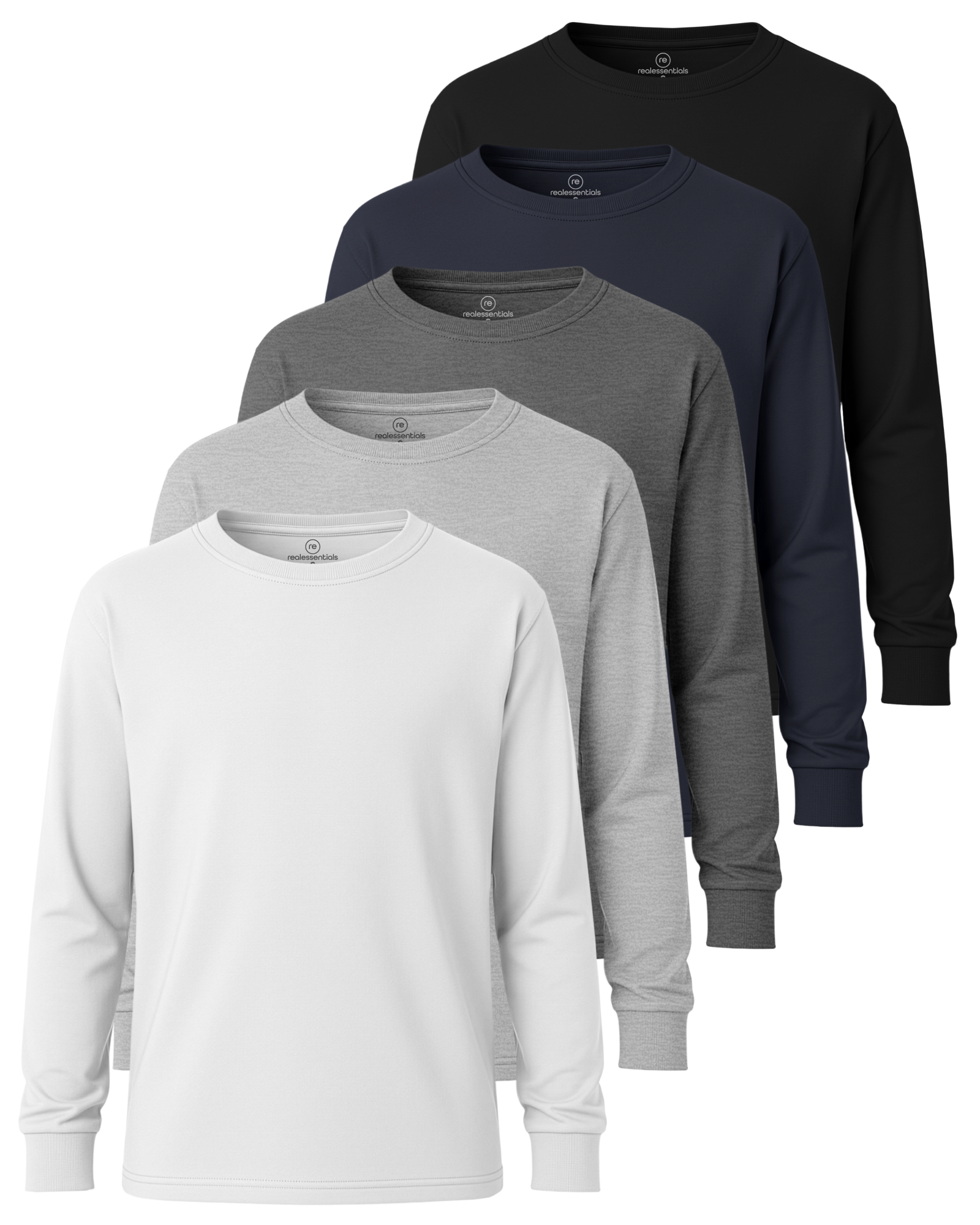 Real Essentials 5 Pack Boys' Cotton Long Sleeve Jersey T Shirts Kids School Youth Tees - Set 2