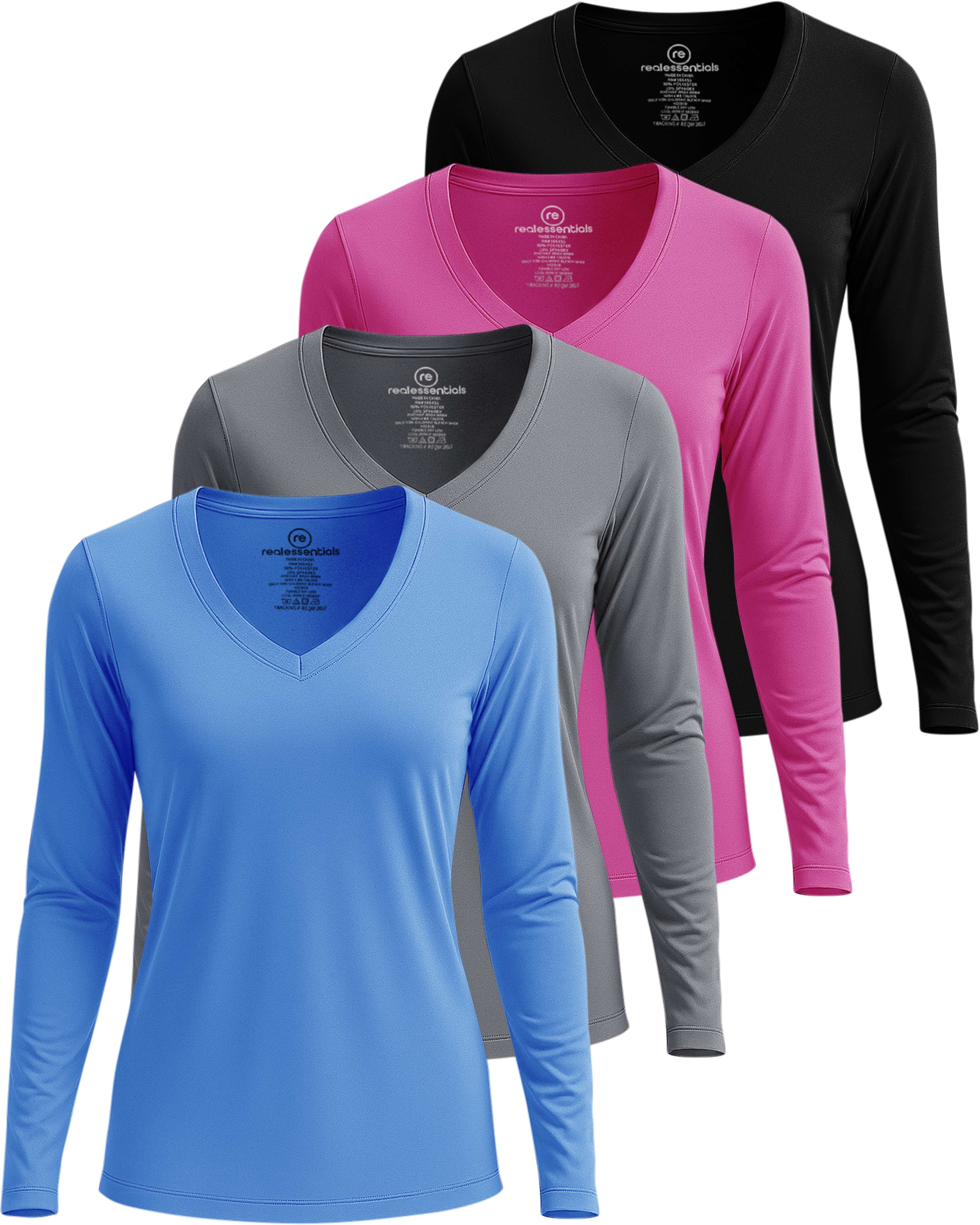 4 Pack: Women's Dry-Fit Long-Sleeve V-Neck Athletic Workout Shirt (Available in Plus Size)
