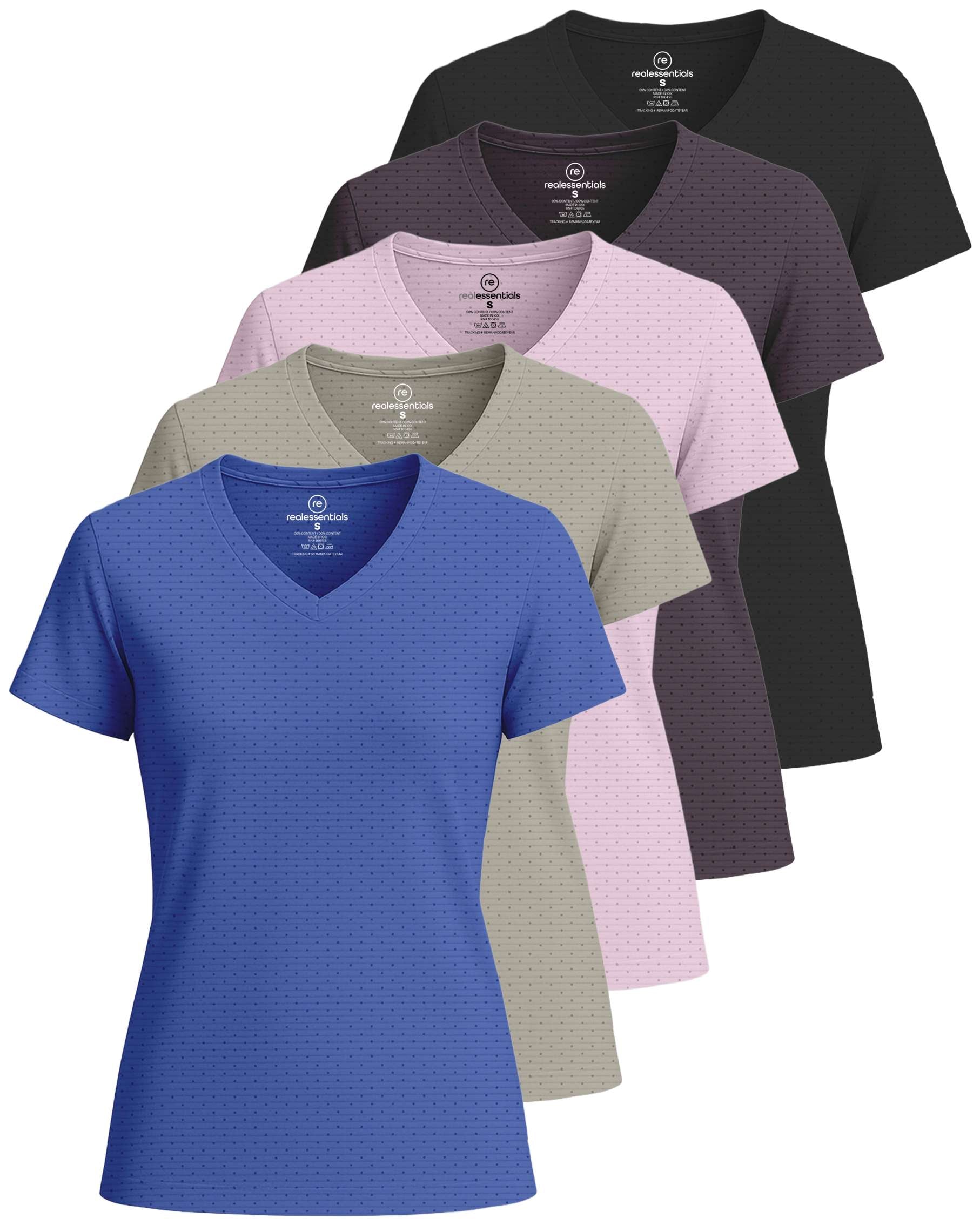 Real Essentials 5 Pack: Women's Short Sleeve Breeze Tech V-Neck T Shirt –Workout Top Wicking Dry Fit Athletic Tee (Plus)