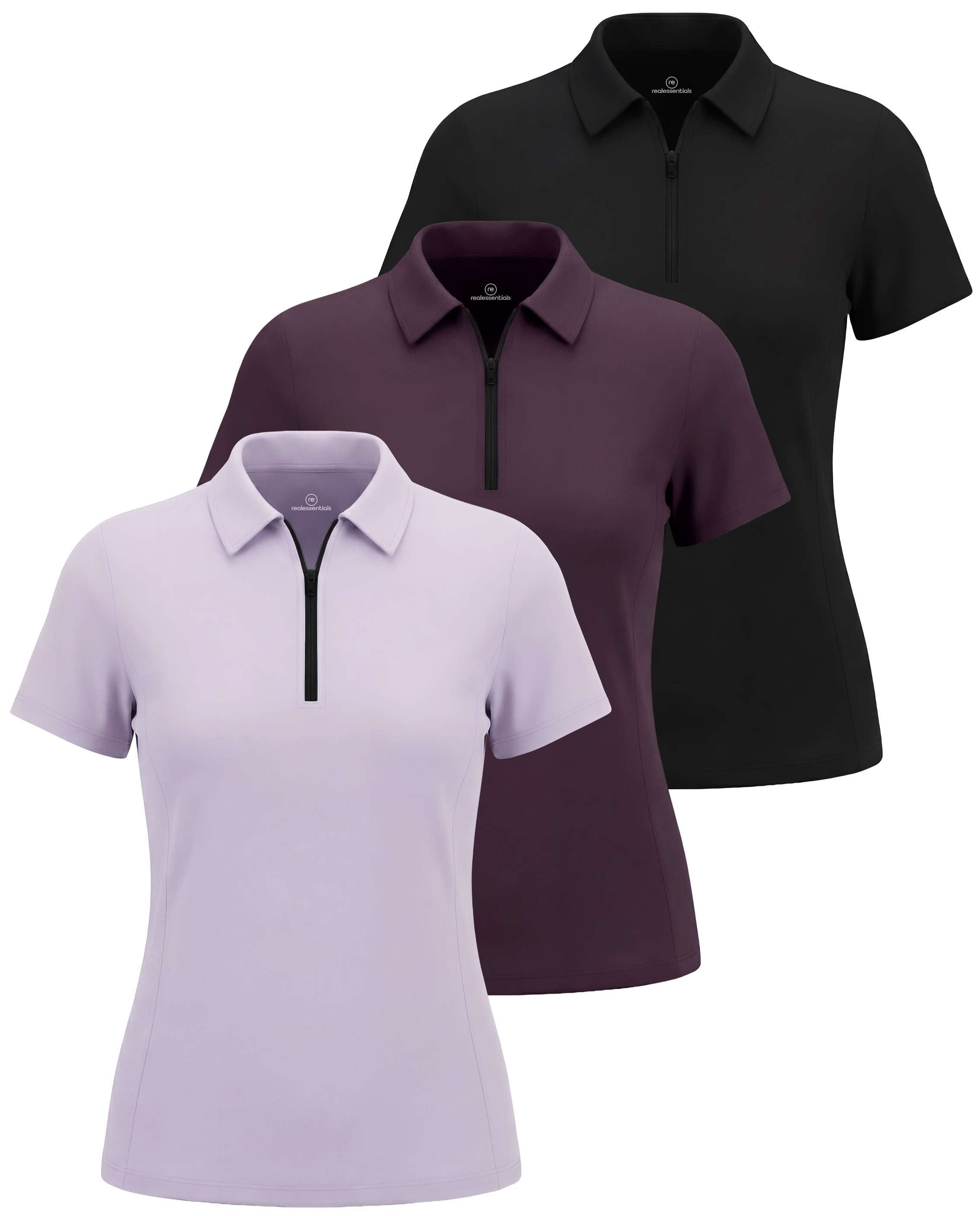 Real Essentials 3 Pack Women's Dry Fit Golf Polo Shirts with Zipper Short Sleeve Collared - Solid Black, Solid Plum Perfect, Solid Orchid Petal
