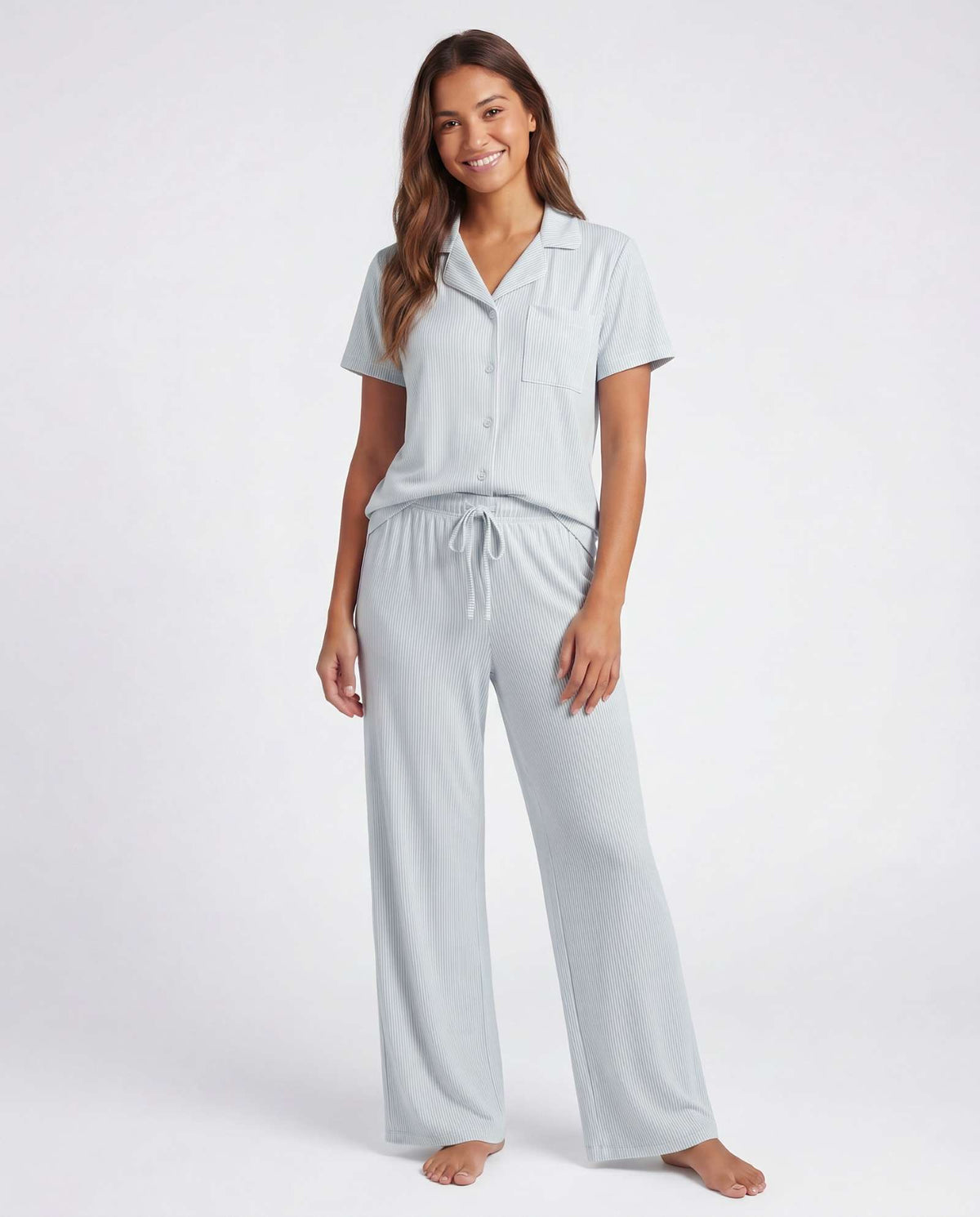Real Essentials 2 Pack Women's Pajama Sets Lounge Set 2 Piece Button Up PJ Sleepwear Ladies - Vapor Blue Dots, Clear Sky Stripe