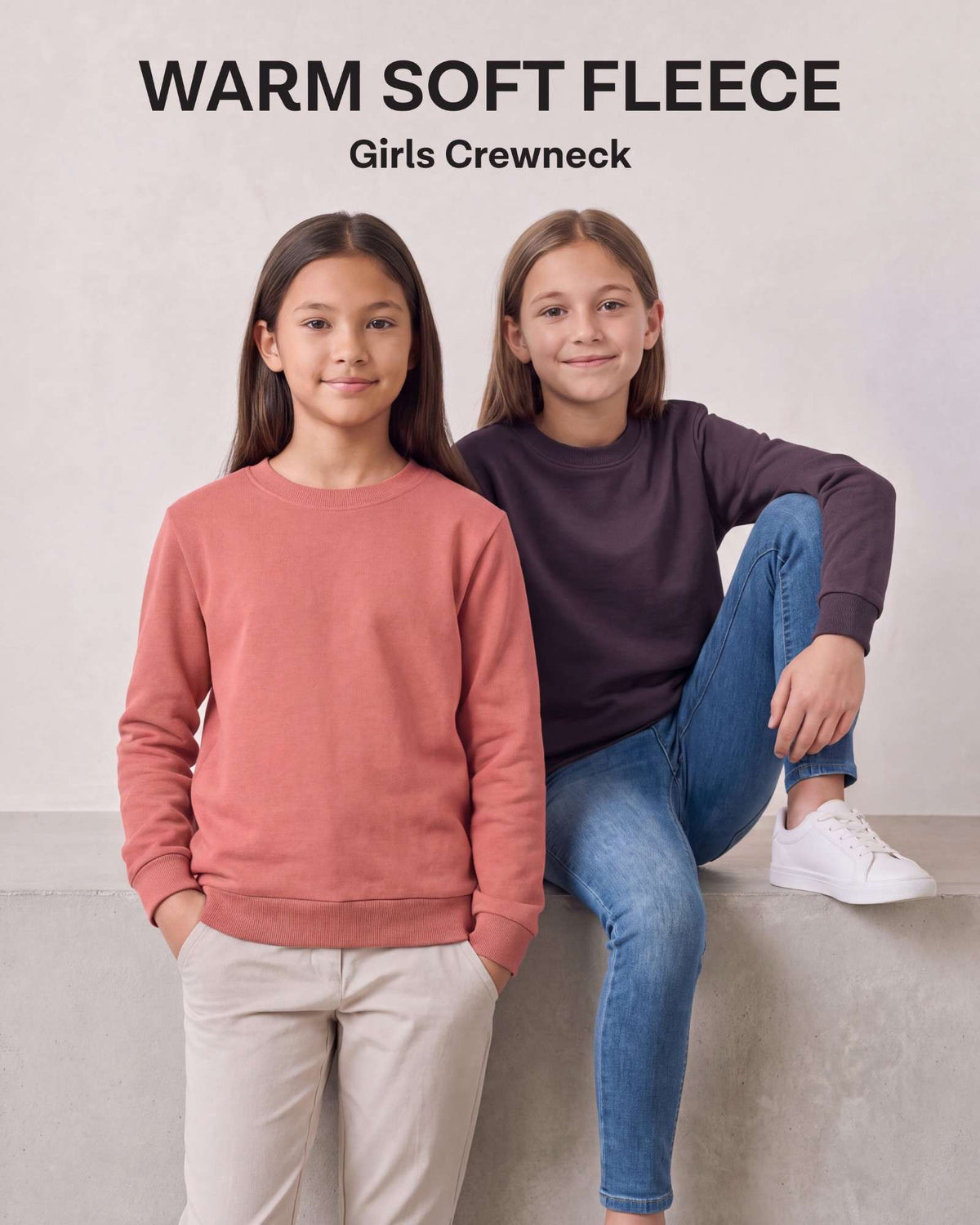 Real Essential 3 Pack Girls' Fleece Crewneck Sweatshirts Sweaters Kids Teens Pullover Tops - Solid Black, Solid Plum Perfect, Solid Lantana