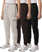 Real Essentials 3 Pack Girls Fleece Cargo Joggers Sweatpants Kids Pants Teen Girl Athletic - Solid Black, Solid Chocolate Torte, Solid Moonbeam