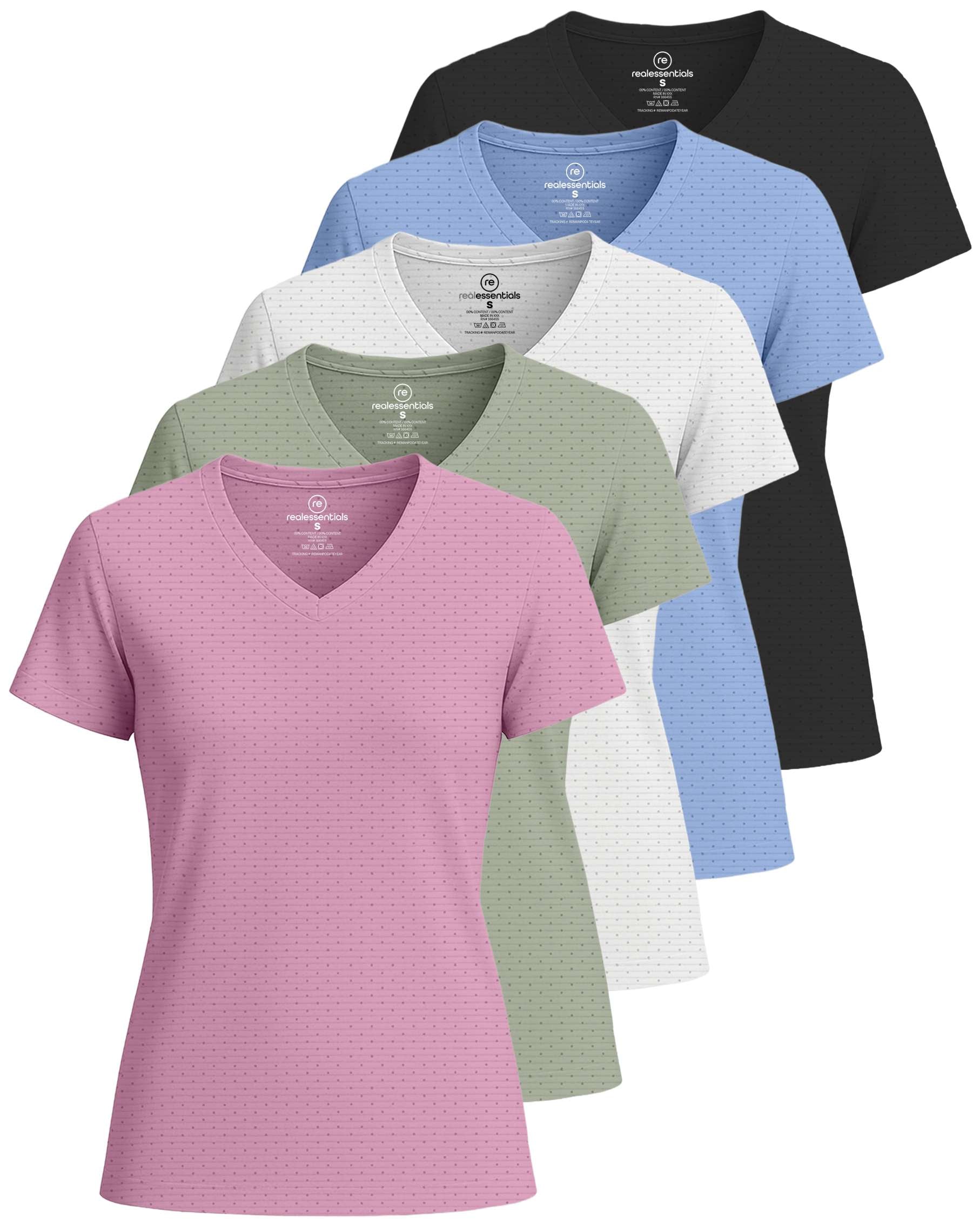 Real Essentials 5 Pack: Women's Short Sleeve Breeze Tech V-Neck T Shirt –Workout Top Wicking Dry Fit Athletic Tee (Plus)