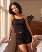 Real Essentials 2 Pack Women's Pajama Sets 2 Piece Ribbed Cropped Cami Shorts Sleepwear PJs - Solid Black, Grey Heather