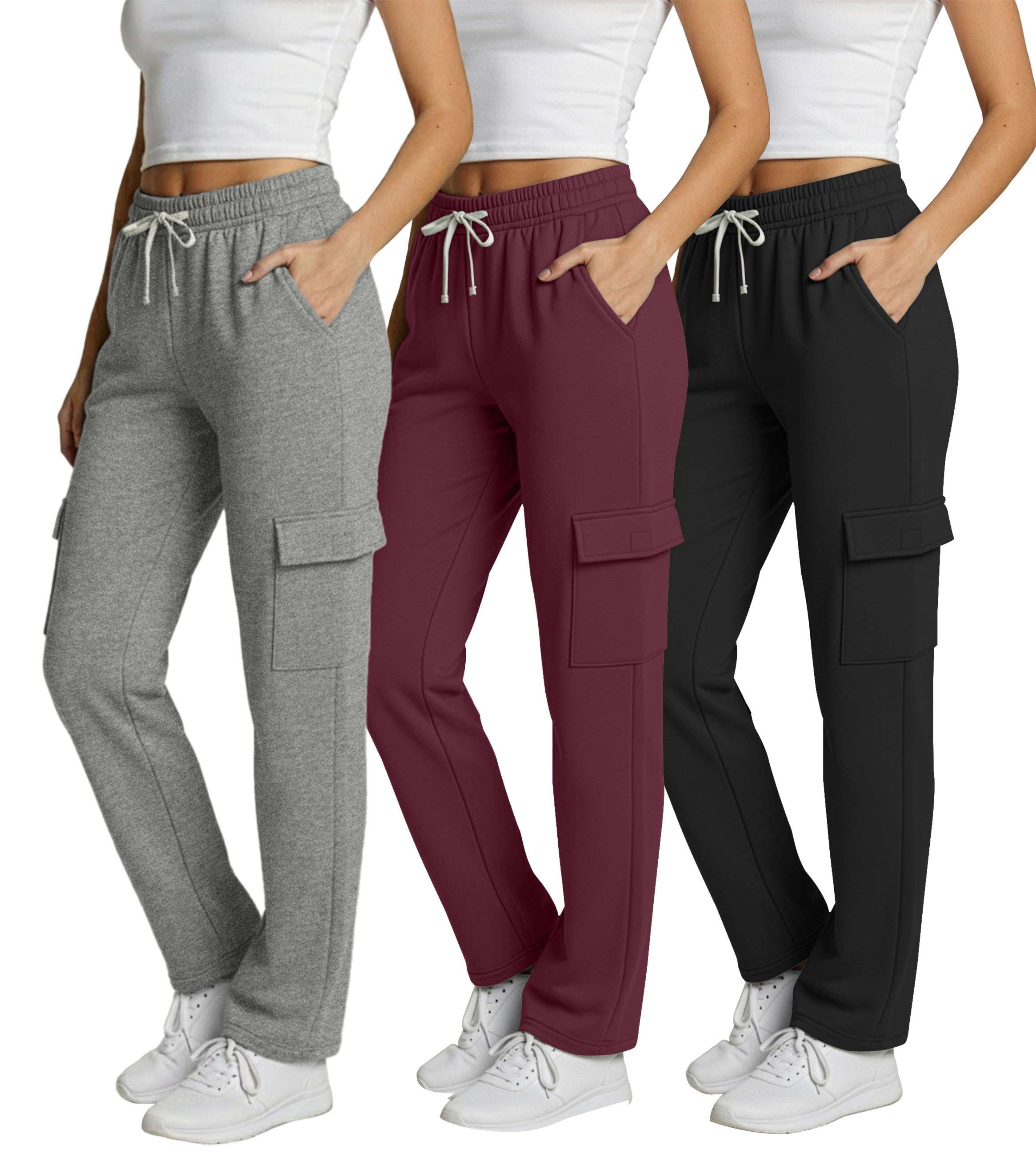 Real Essentials 3 Pack: Women's Fleece Cargo Sweatpants, Open Bottom Lounge & Athletic Casual Pants with Pockets