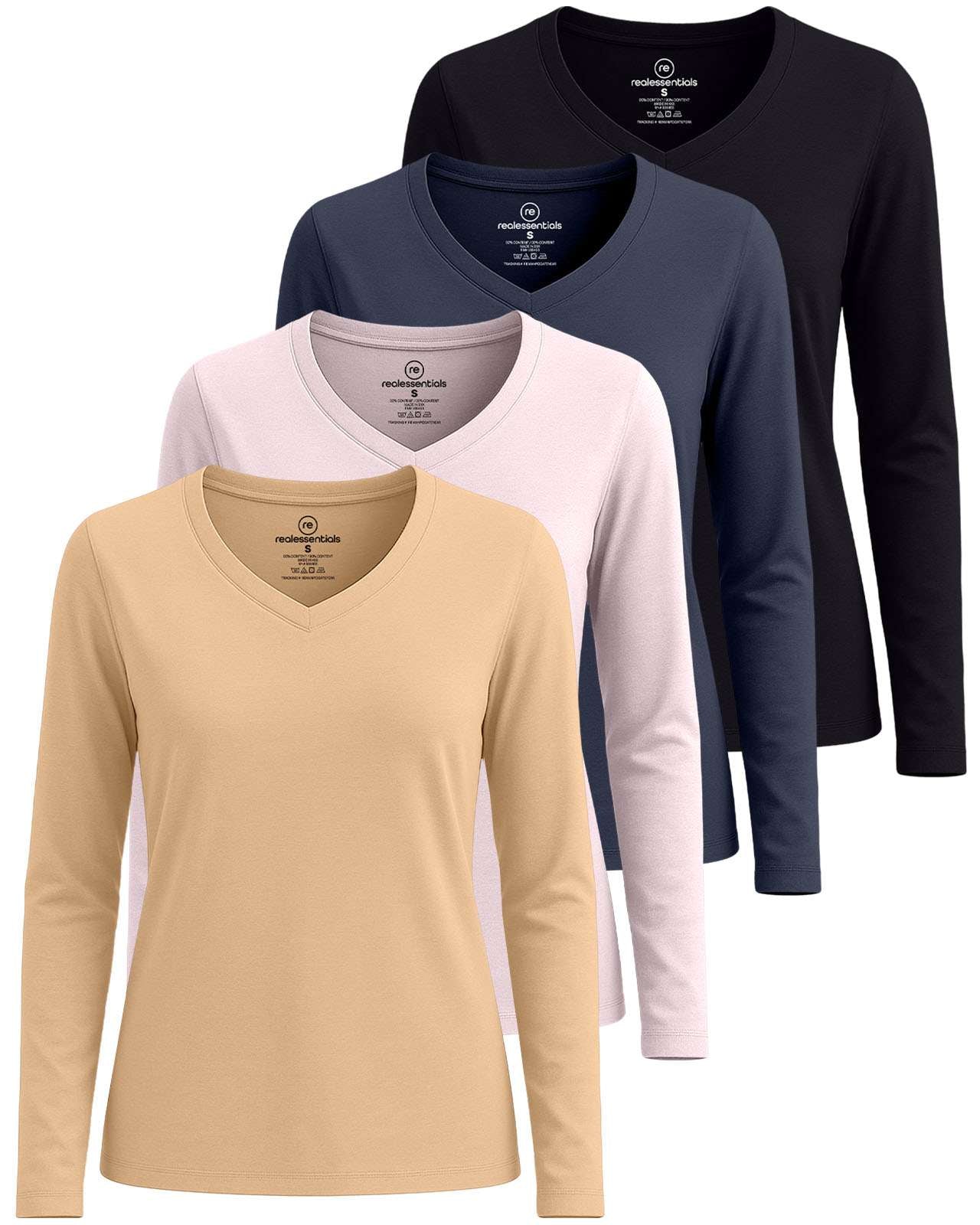 Real Essentials 4 Pack: Women’s Cotton Long Sleeve V-Neck T-Shirts – Soft Casual Lounge Tee Tops (Available in Plus)