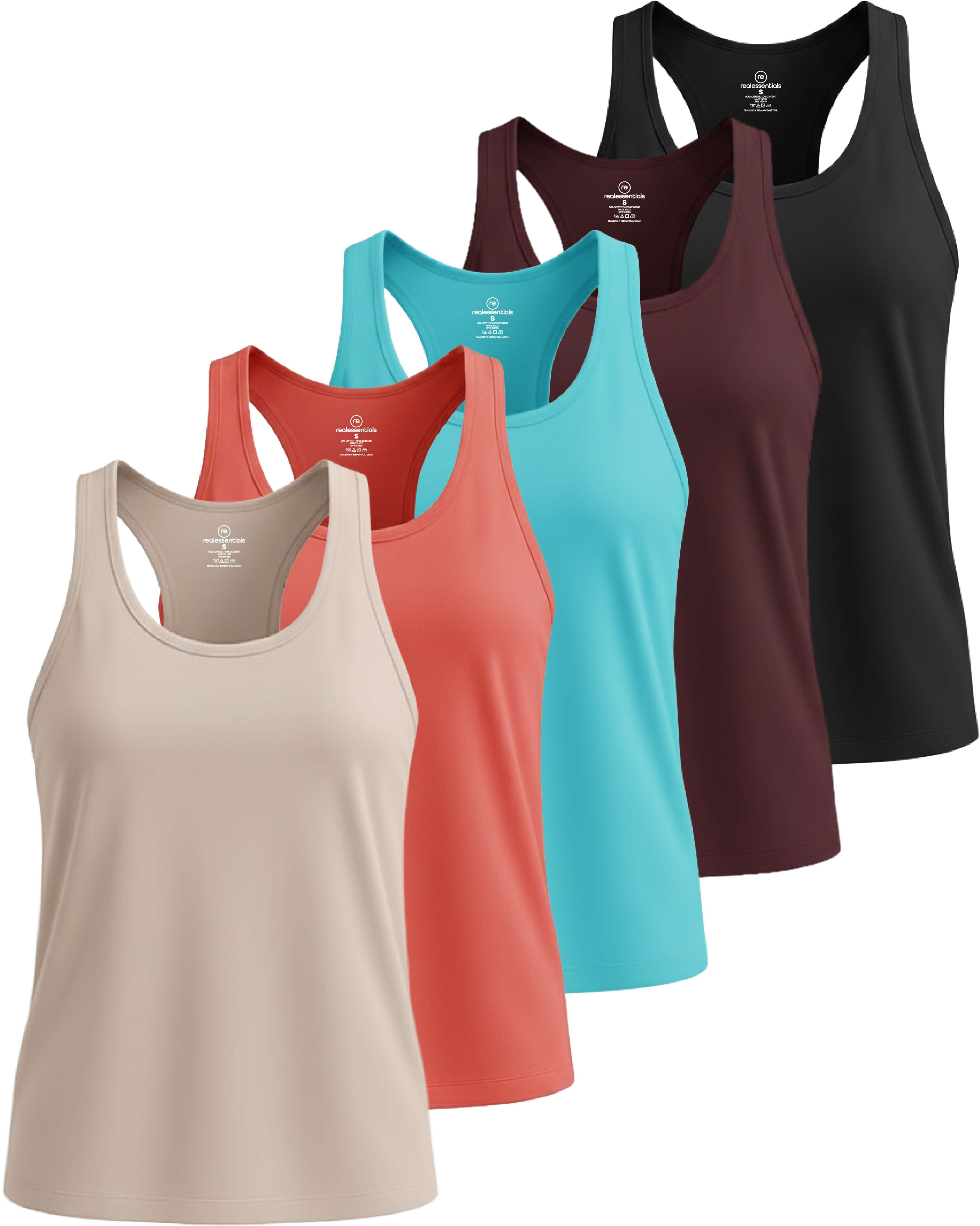 Real Essentials 5 Pack: Women's Dry Fit Tank Top - Racerback Sleeveless Workout Athletic Gym Shirt (Available in Plus)