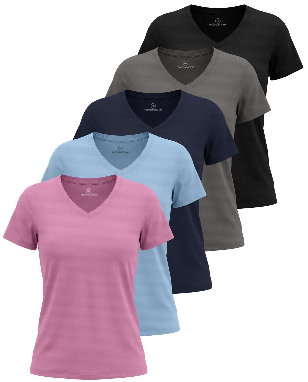 Real Essentials 5 Pack Women's V Neck Tshirts Short Sleeve Dry Fit Workout Tops Tees Shirts - Solid Black, Charcoal, Navy Blazer, Clear Sky, Solid Moonlight Mauve