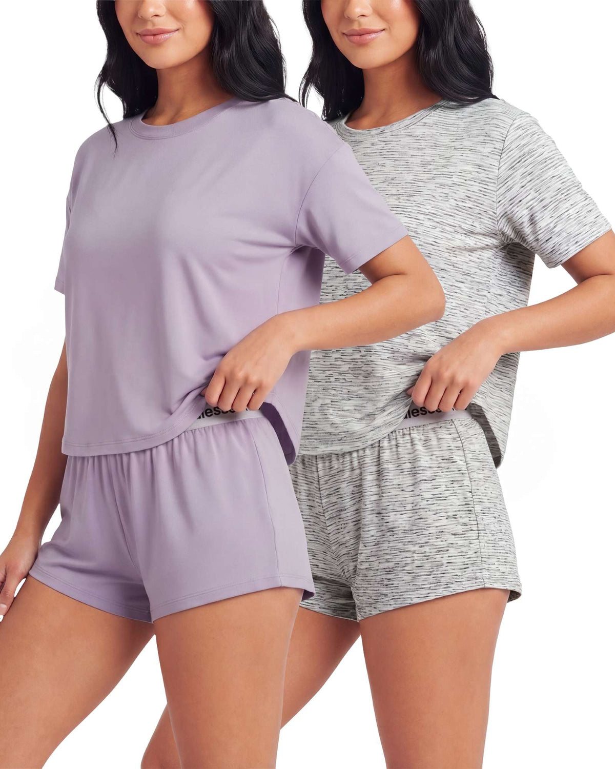 Real Essentials 2 Pack Women's Pajama Sets 2 Piece Boxy Tee Sleep Shorts PJs Sleepwear Cute - Grey Heather, Solid Orchid Petal