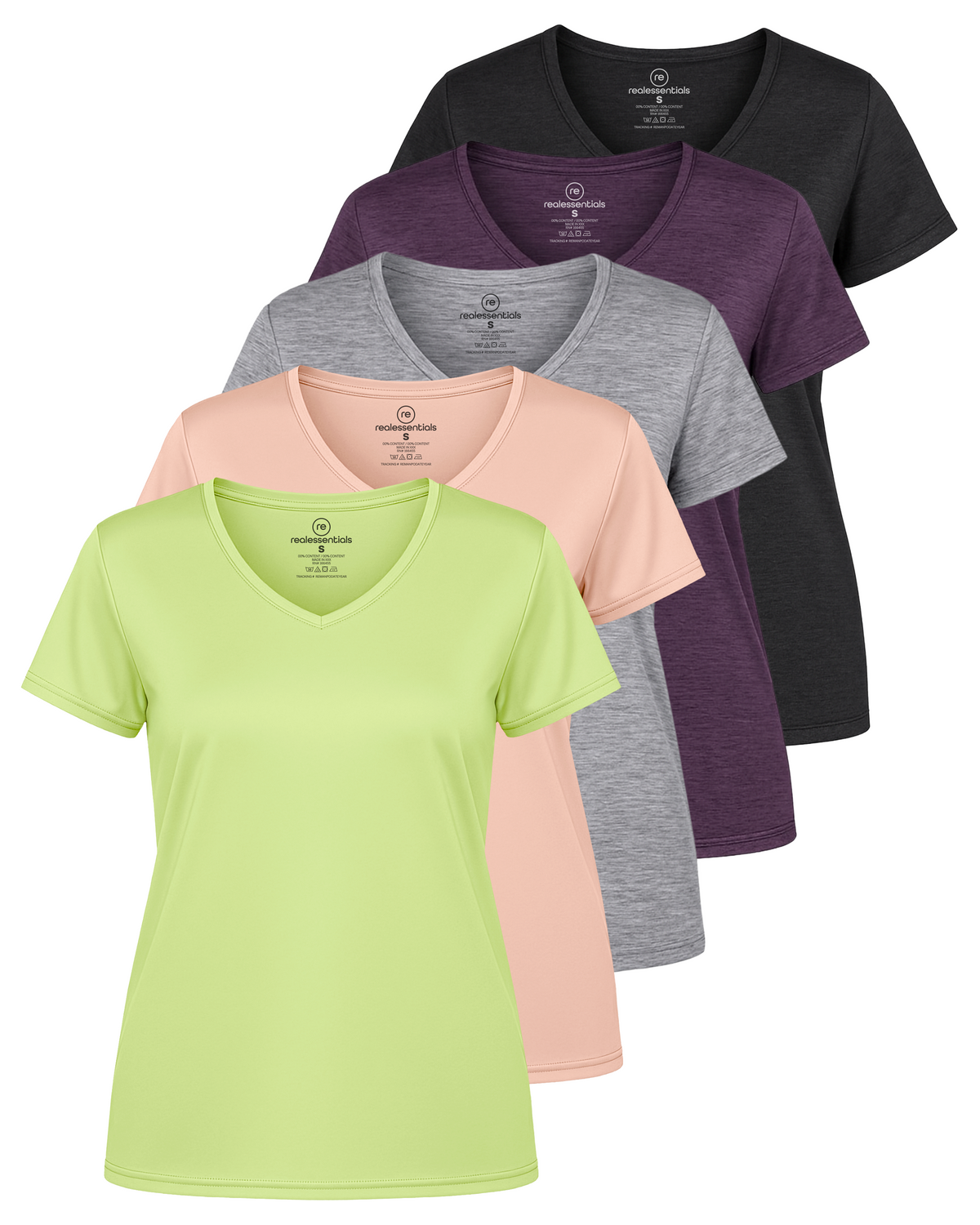 Real Essentials 5 Pack Womens Dry Fit V Neck Workout Tops Athletic T Shirts Gym Yoga Tees - Set 11