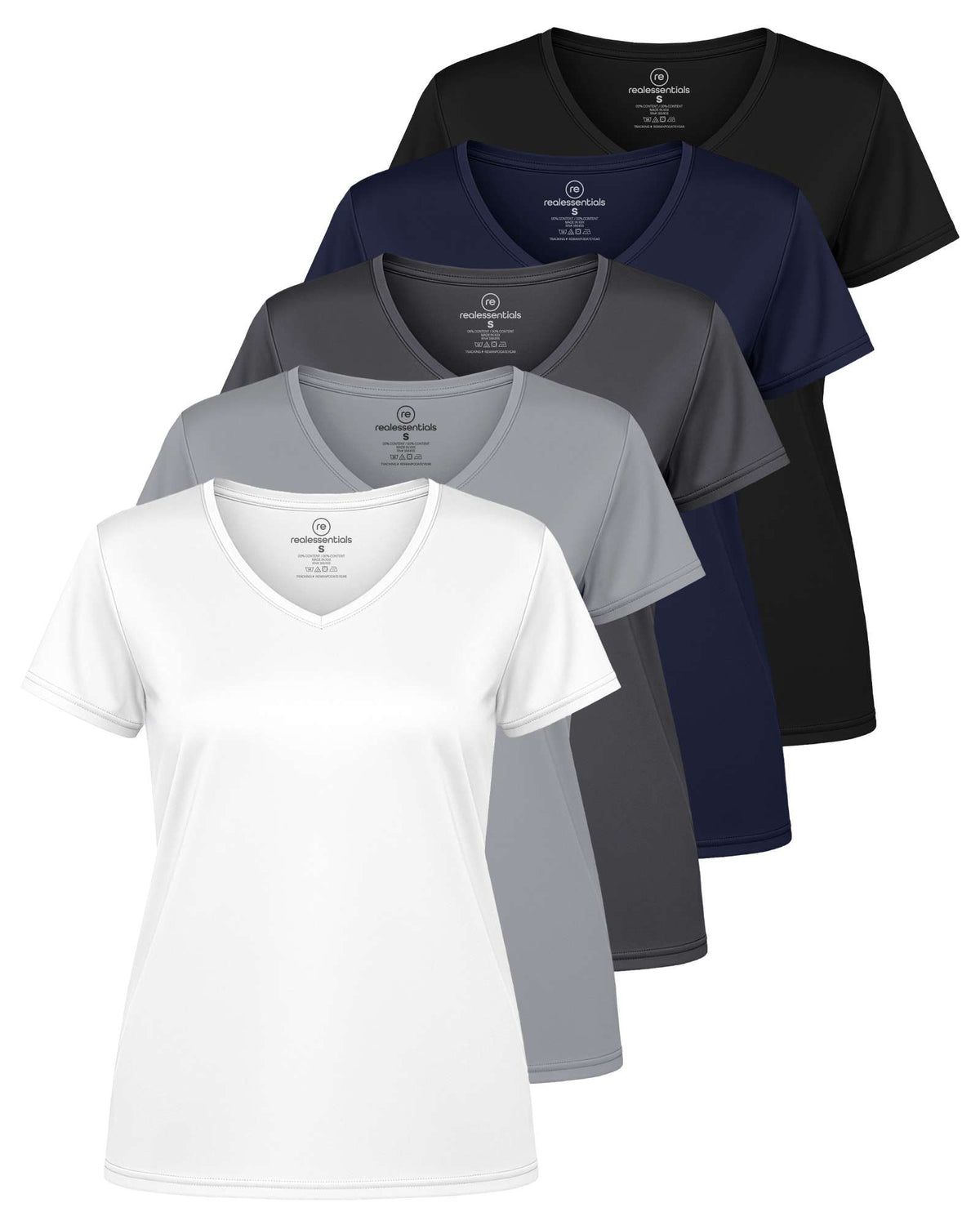 Real Essentials 5 Pack Womens Dry Fit V Neck Workout Tops Athletic T Shirts Gym Yoga Tees - Set 19