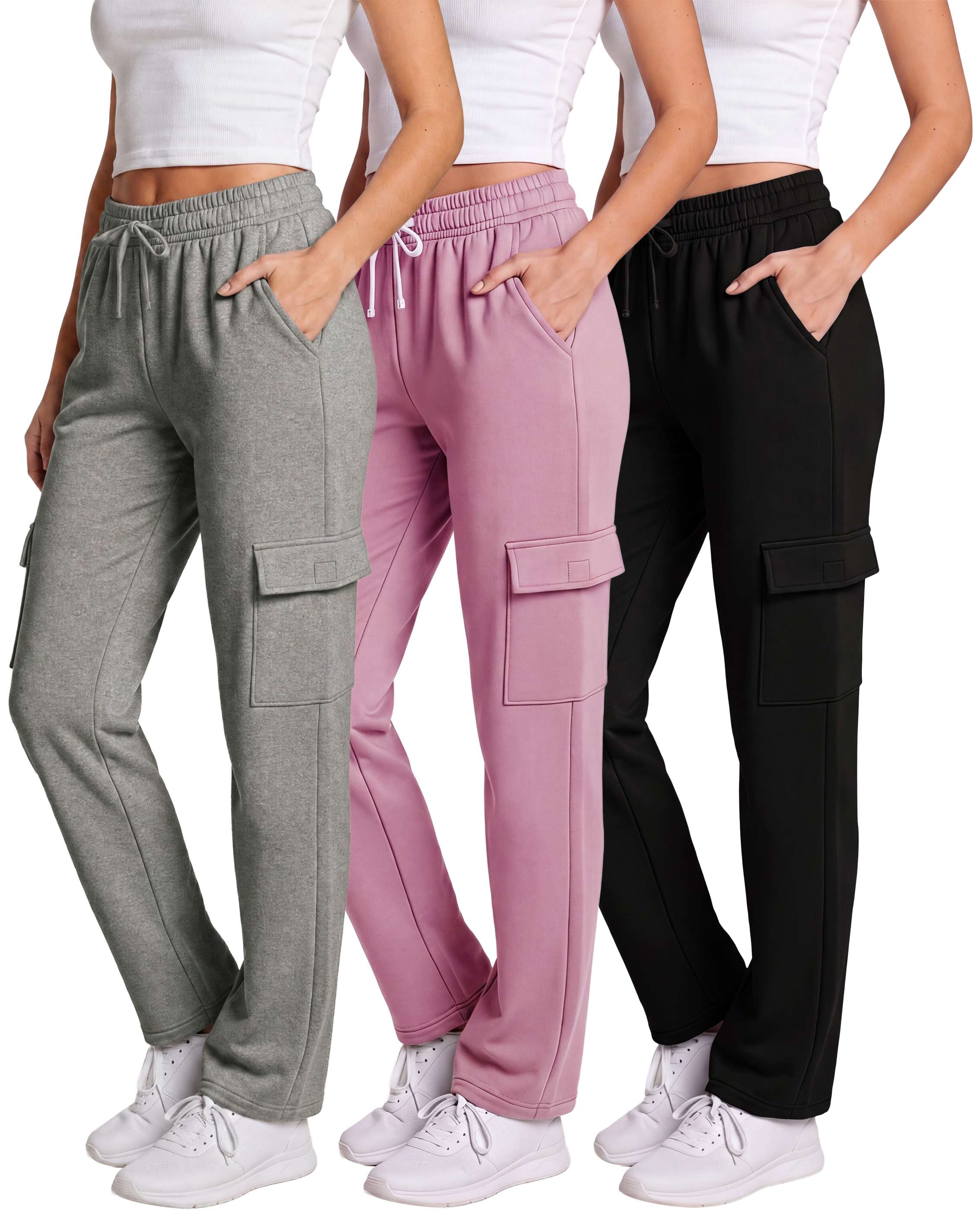 Real Essentials 3 Pack Women's Fleece Cargo Sweatpants Lounge Casual Sweat Pants Pockets - Solid Black, Solid Moonlight Mauve, Grey Heather
