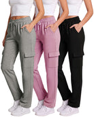 Real Essentials 3 Pack Women's Fleece Cargo Sweatpants Lounge Casual Sweat Pants Pockets - Solid Black, Solid Moonlight Mauve, Grey Heather