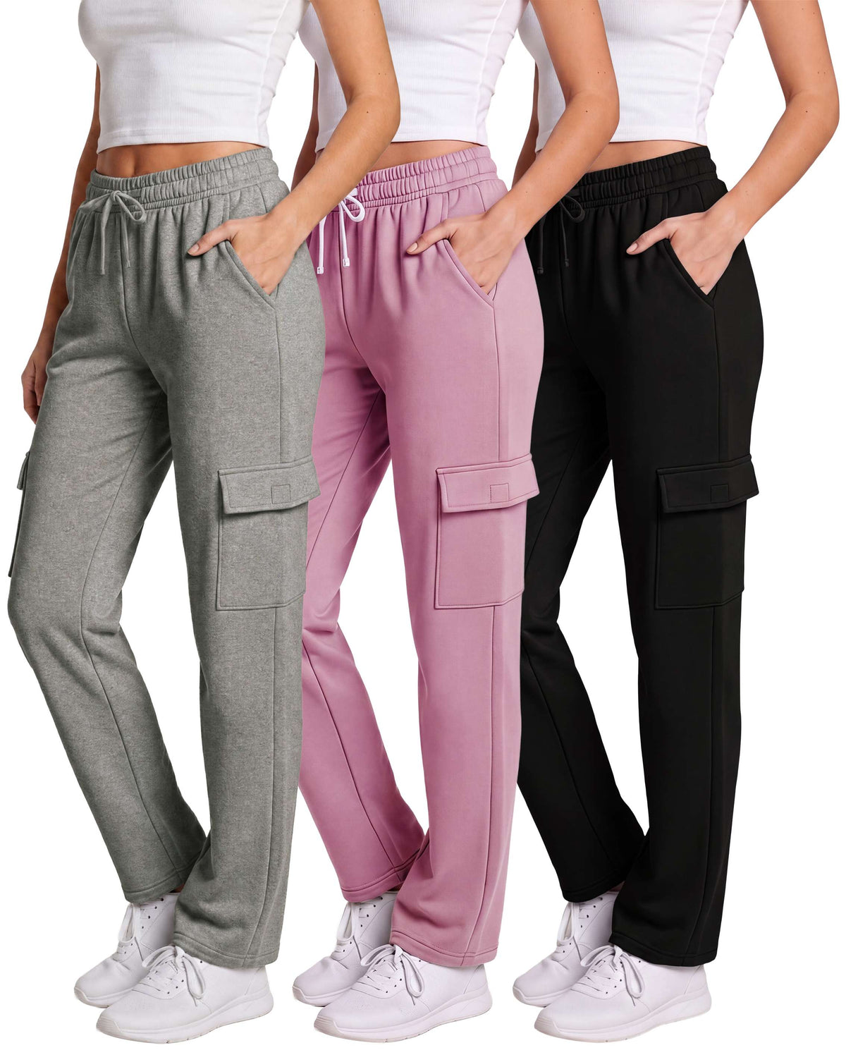 Real Essentials 3 Pack Women's Fleece Cargo Sweatpants Lounge Casual Sweat Pants Pockets - Solid Black, Solid Moonlight Mauve, Grey Heather