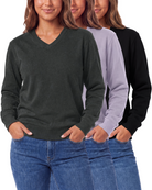 Real Essentials 3 Pack Womens Fleece V Neck Sweatshirt Pullover Sweaters Long Sleeve Top - Solid Black, Charcoal Heather, Solid Orchid Petal