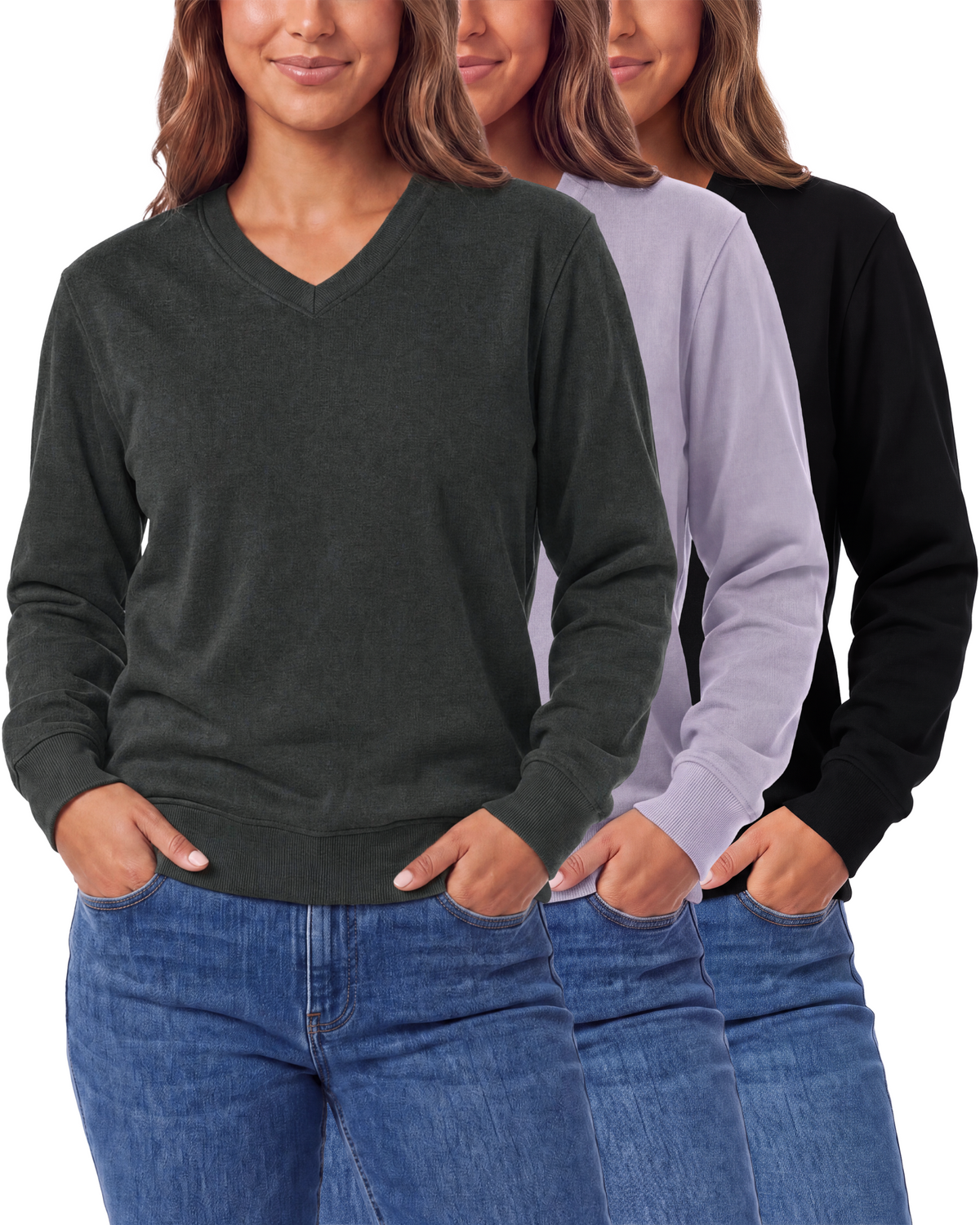 Real Essentials 3 Pack Womens Fleece V Neck Sweatshirt Pullover Sweaters Long Sleeve Top - Solid Black, Charcoal Heather, Solid Orchid Petal