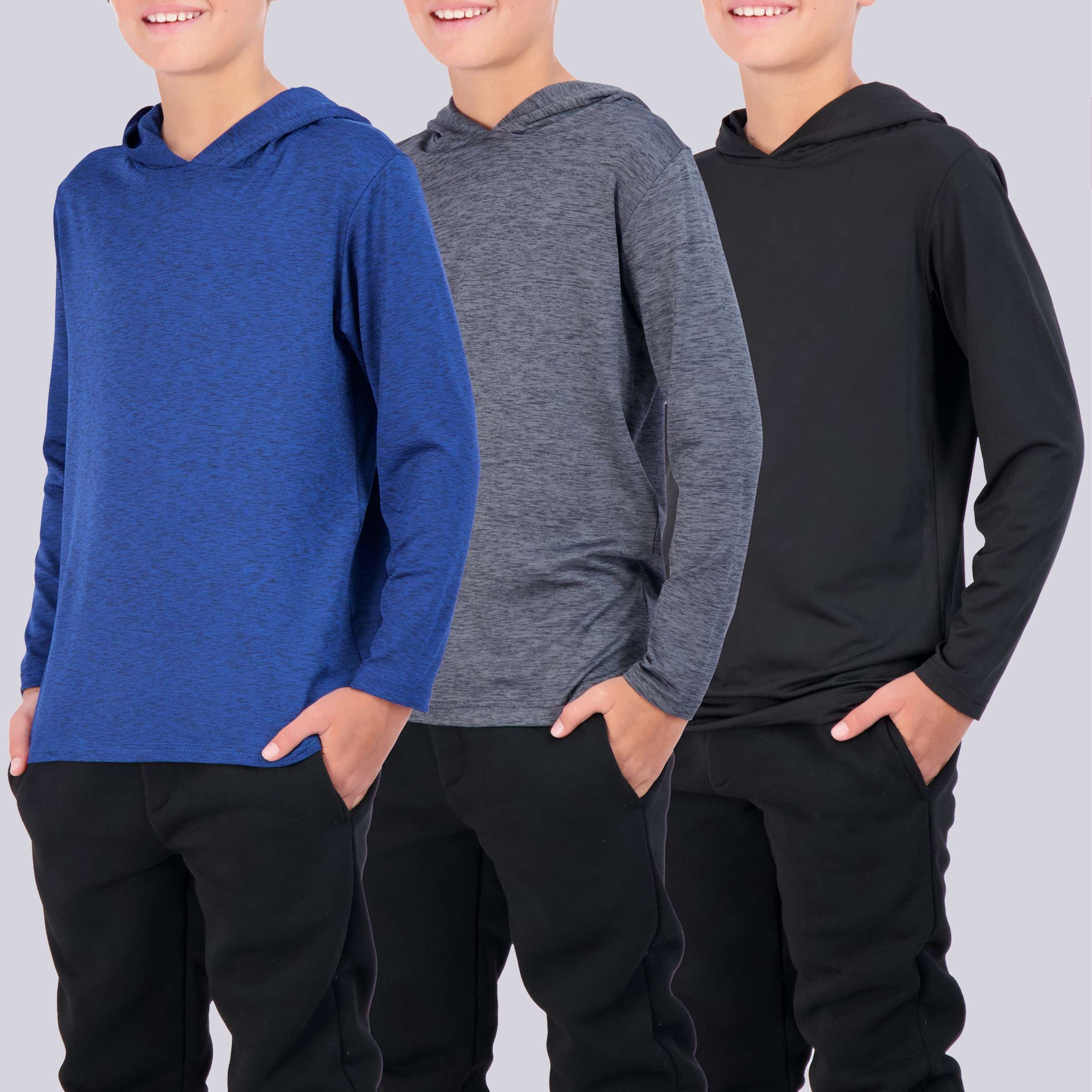 3 Pack: Boys Dry Fit Long Sleeve Active Pullover Hoodie Sweatshirt