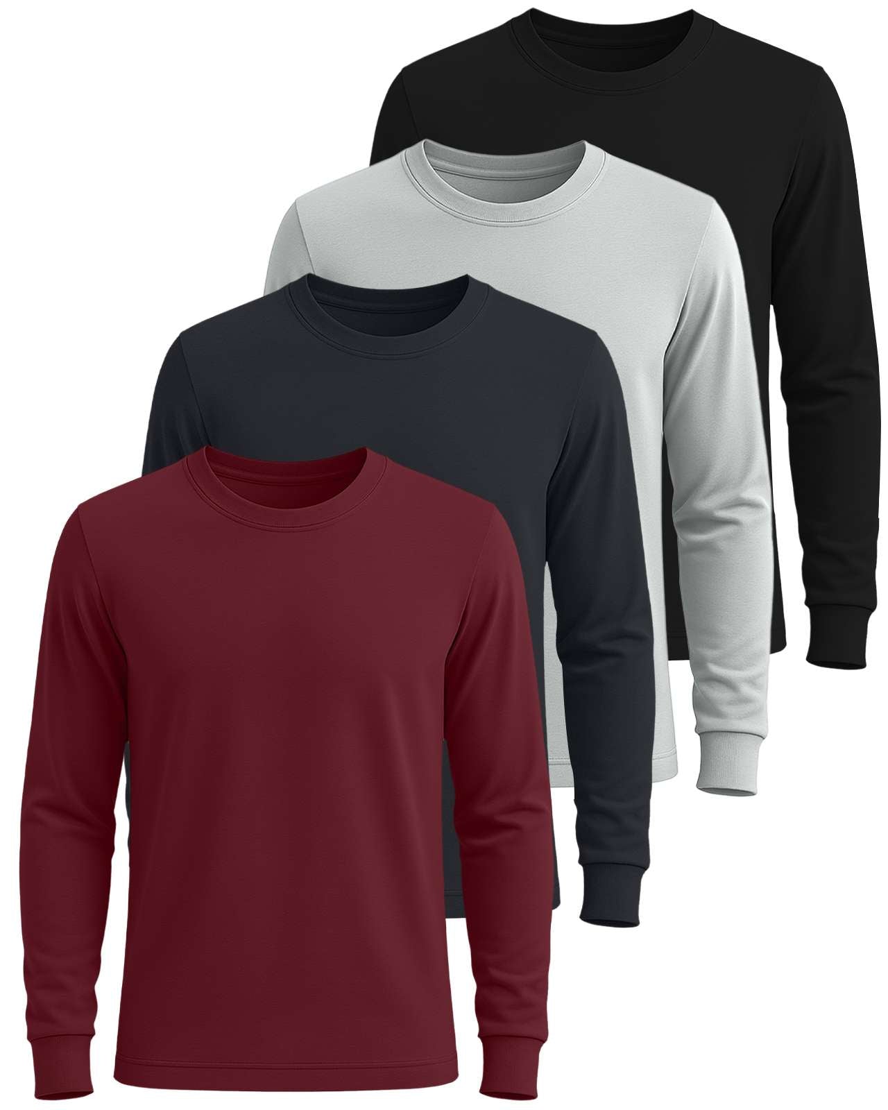 Real Essentials 4 Pack: Men's Cotton Long Sleeve Crew Neck T-Shirt - Soft Work Casual Jersey Tees