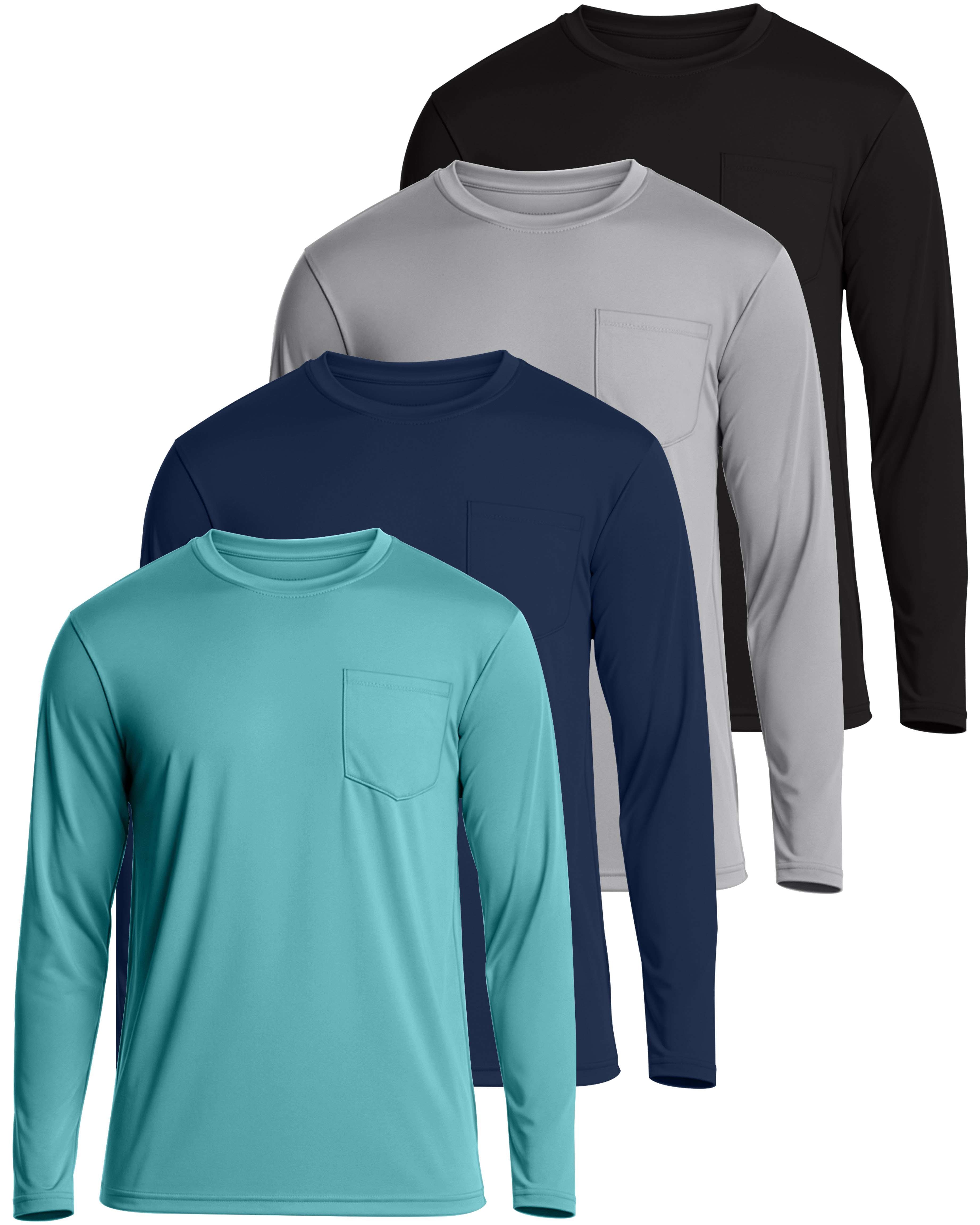 4 Pack: Mens Dry-Fit Long Sleeve Pocket Crew T-Shirt