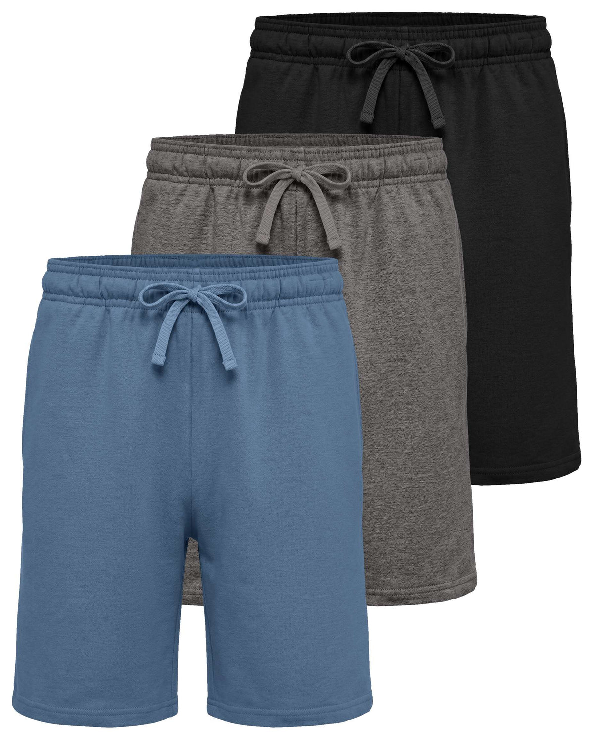 Real Essentials 3 Pack Boys' Fleece Shorts Athletic Gym Kids Teens Pajama Sleep Pockets - Solid Black, Charcoal Heather, Solid Elemental Blue