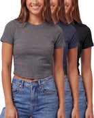 Real Essentials 3 Pack Women's Cropped Cotton Tshirts Ribbed Cap Sleeve Tees Going Out Tops - Solid Black, Solid Navy Blazer, Charcoal Heather