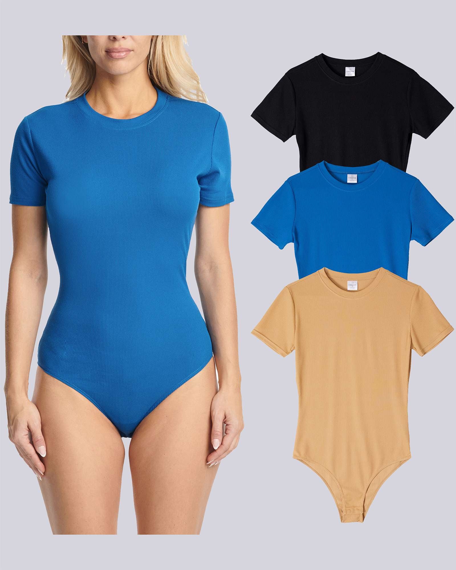 3 Pack: Women's Round Neck Short Sleeve Ribbed Shapewear Bodysuit Shirt Tops (Available in Plus Size)
