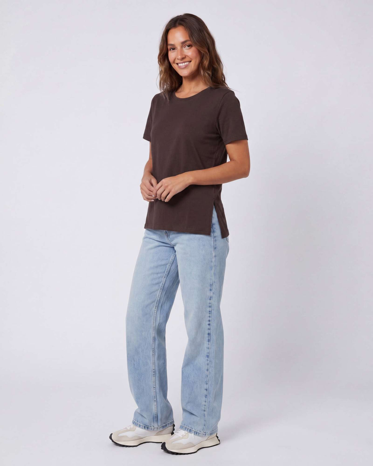 Real Essentials 3 Pack Women's Cotton Tshirts Split Hem Short Sleeve Crew Neck Tees Tops - Solid Black, Solid Chocolate Torte, Solid Moonbeam