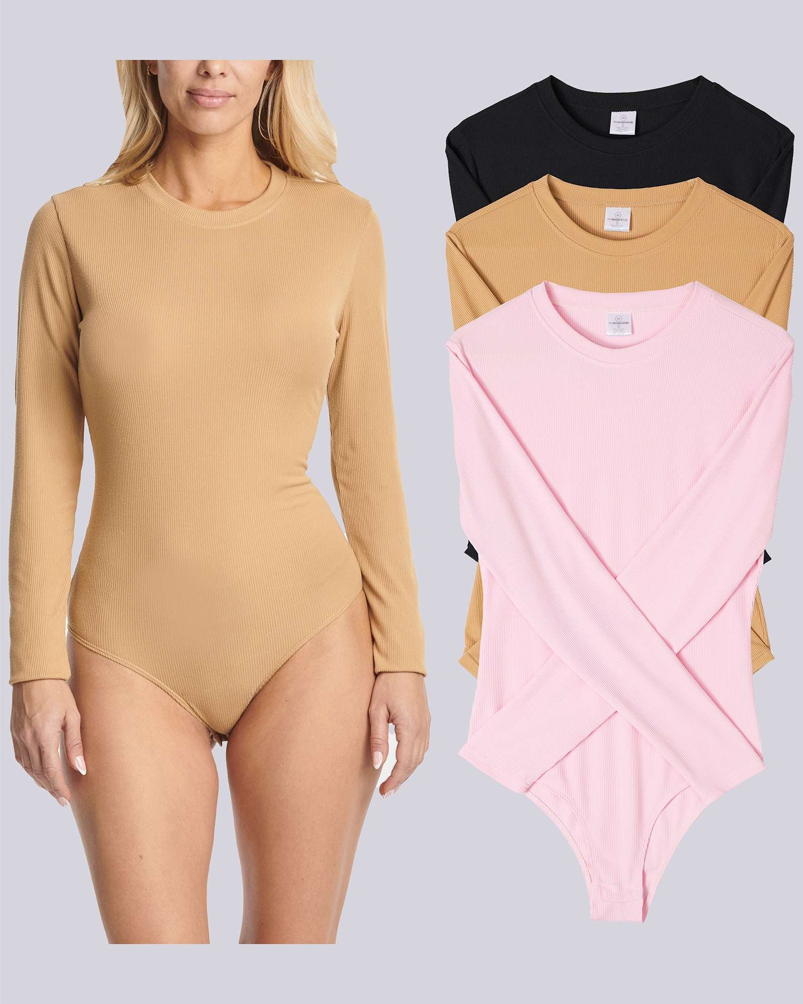3 Pack: Women's Long Sleeve Ribbed Bodysuit