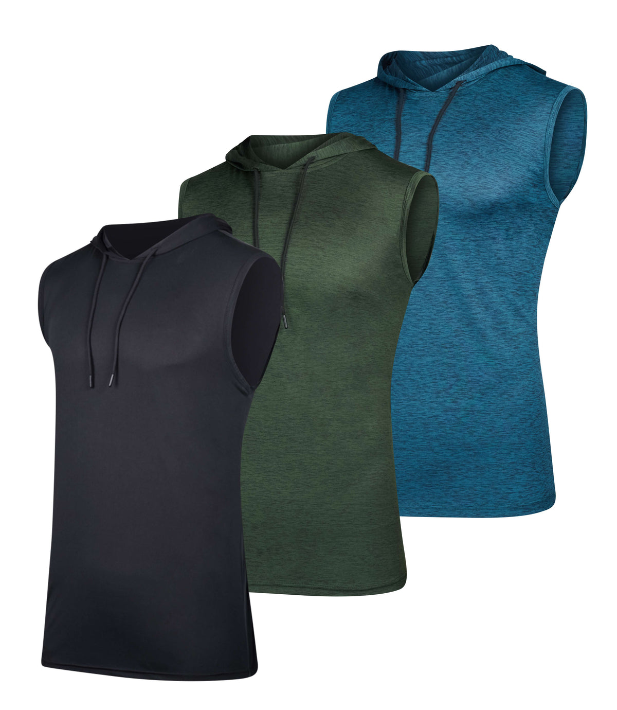 Real Essentials 3 Pack Men's Dry Fit Tank Top Hoodie Sleeveless Workout Gym Muscle Shirts - Set 2