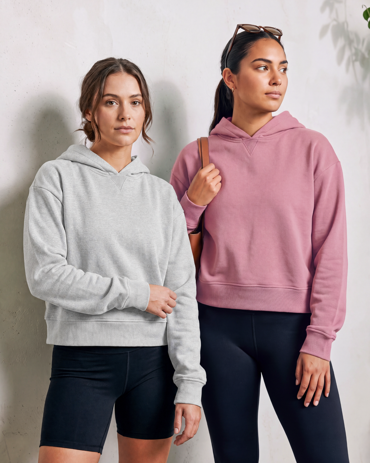 Real Essentials 2 Pack Women's Cropped Hoodies Crop Sweatshirt Ladies Fleece Pullover Top - Grey Heather, Solid Cashmere Rose