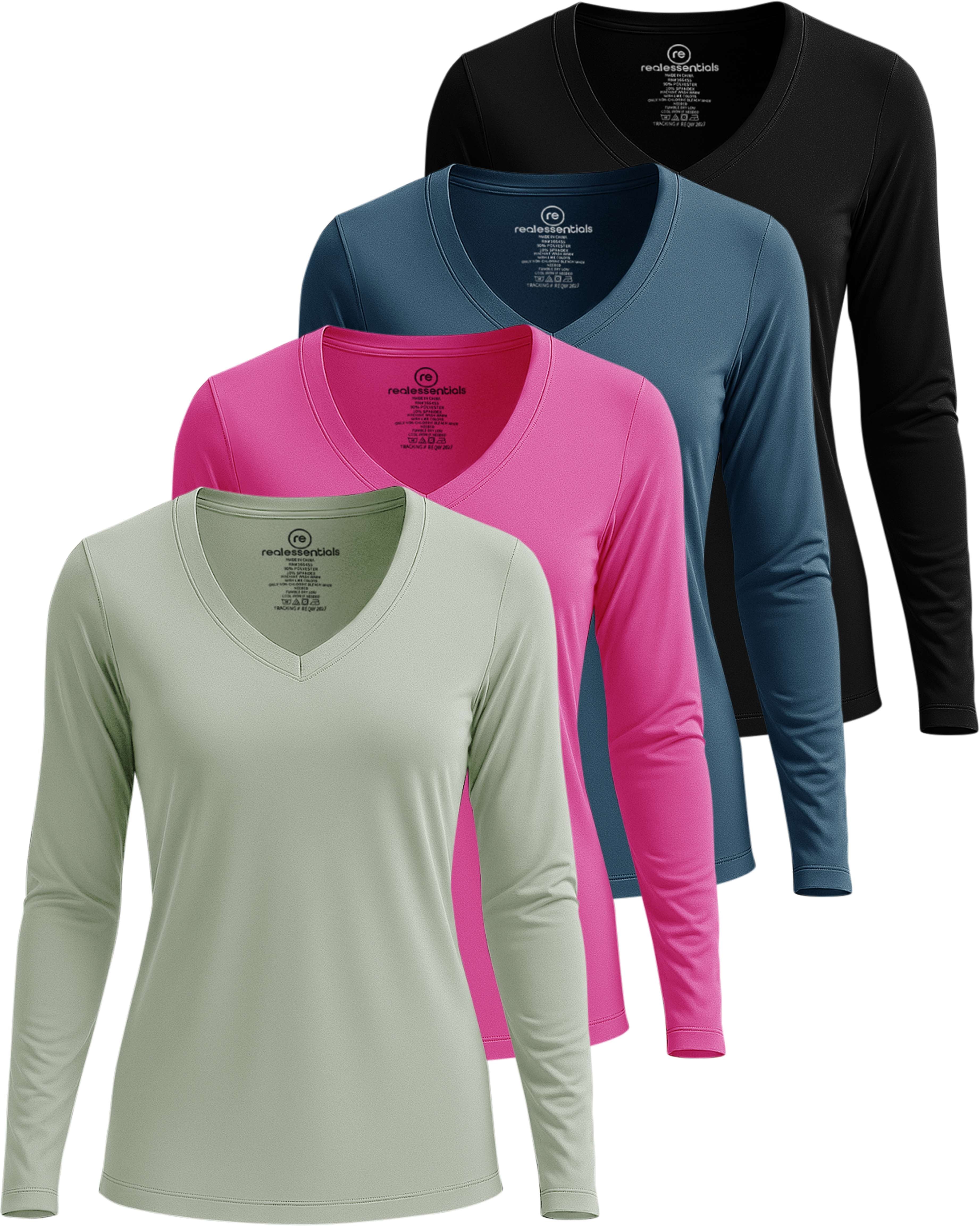 4 Pack: Women's Dry-Fit Long-Sleeve V-Neck Athletic Workout Shirt (Available in Plus Size)