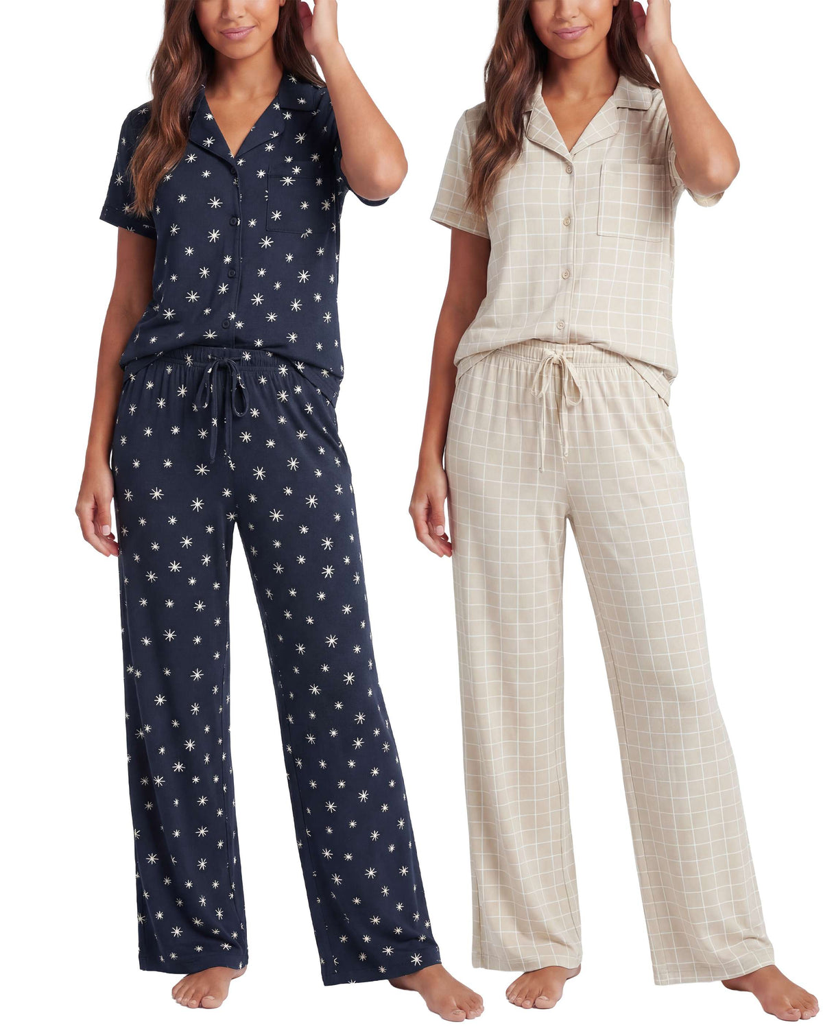 Real Essentials 2 Pack Women's Pajama Sets Lounge Set 2 Piece Button Up PJ Sleepwear Ladies - Navy Blazer Stars, Moonbeam Check