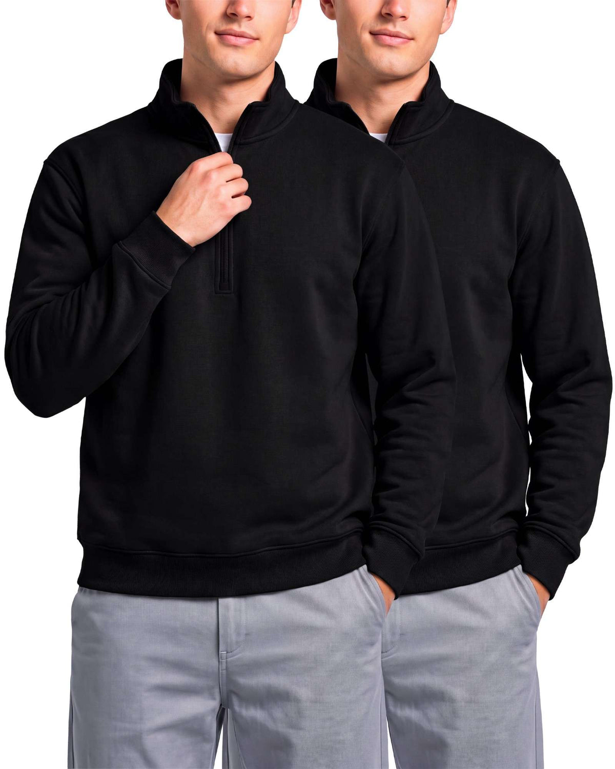 Real Essentials 2 Pack Mens Fleece Sweatshirt Sweater Half Zip Pullover Long Sleeve Casual - Solid Black, Solid Black