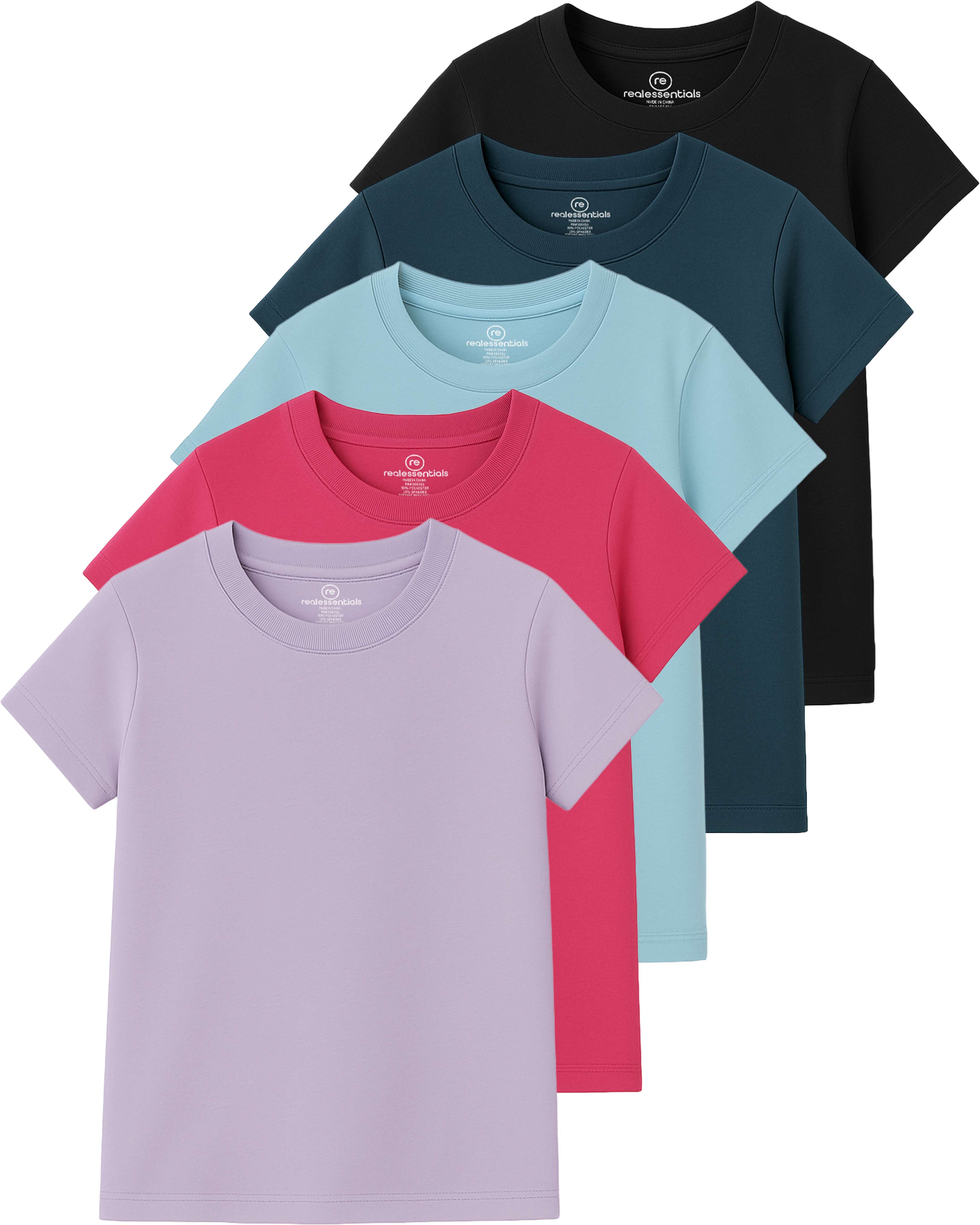Real Essentials 5 Pack: Girls' Cotton Short Sleeve Crew Neck T-Shirt - Athletic Tee Shirt for Teens Kids Youth (Ages 4-16)