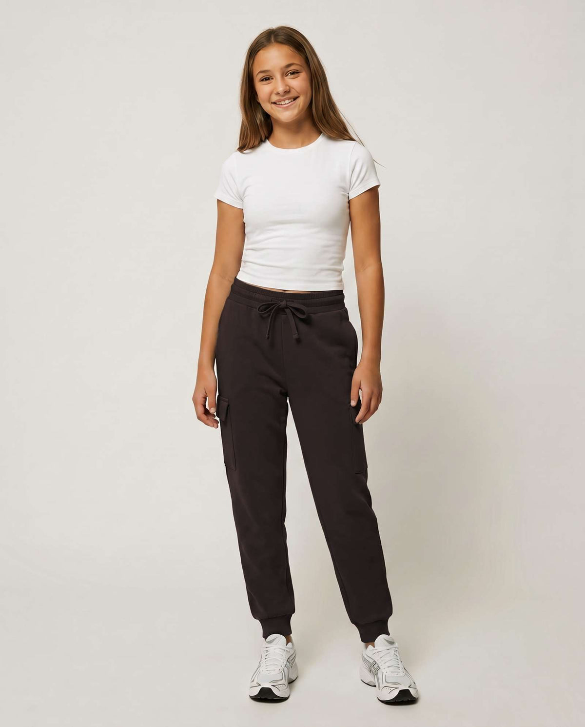 Real Essentials 3 Pack Girls Fleece Cargo Joggers Sweatpants Kids Pants Teen Girl Athletic - Solid Black, Solid Chocolate Torte, Solid Moonbeam