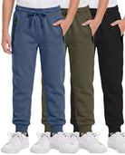 Real Essentials 3 Pack Boys Fleece Joggers Sweatpants Zipper Pockets Athletic Pants Teen - Solid Black, Solid Olive Night, Solid Vintage Indigo