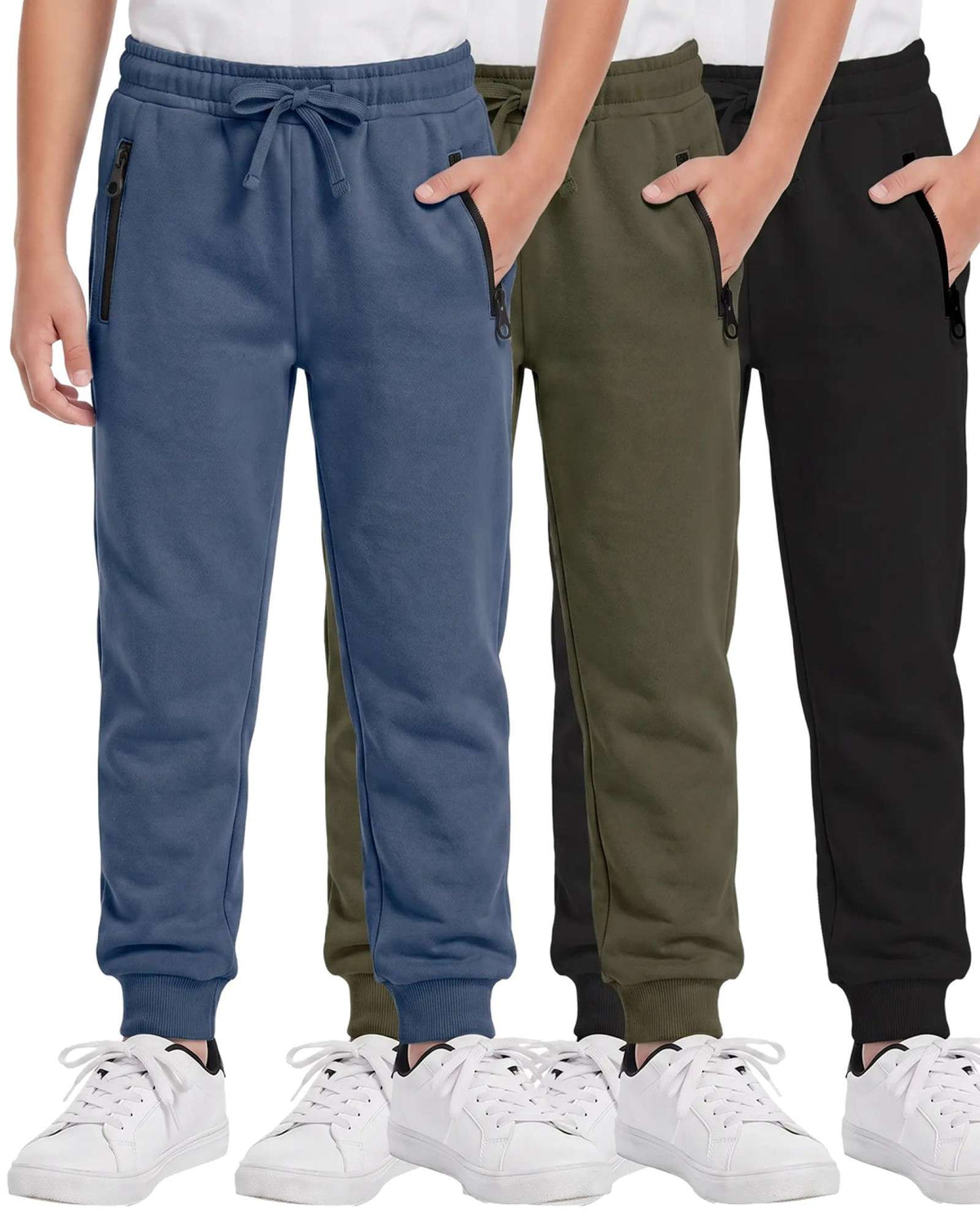 Real Essentials 3 Pack Boys Fleece Joggers Sweatpants Zipper Pockets Athletic Pants Teen - Solid Black, Solid Olive Night, Solid Vintage Indigo