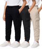 Real Essentials 3 Pack Boys' Cotton Cargo Fleece Joggers Sweatpants Pockets Athletic Kids - Set 1