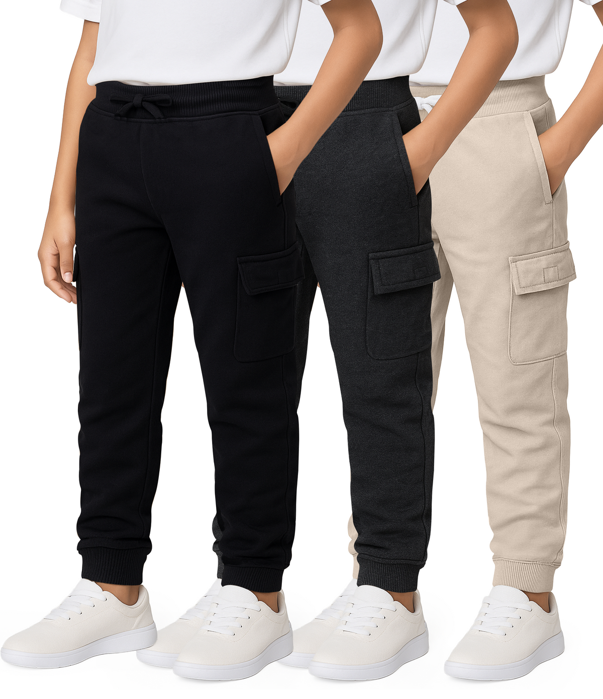 Real Essentials 3 Pack Boys' Cotton Cargo Fleece Joggers Sweatpants Pockets Athletic Kids - Set 1