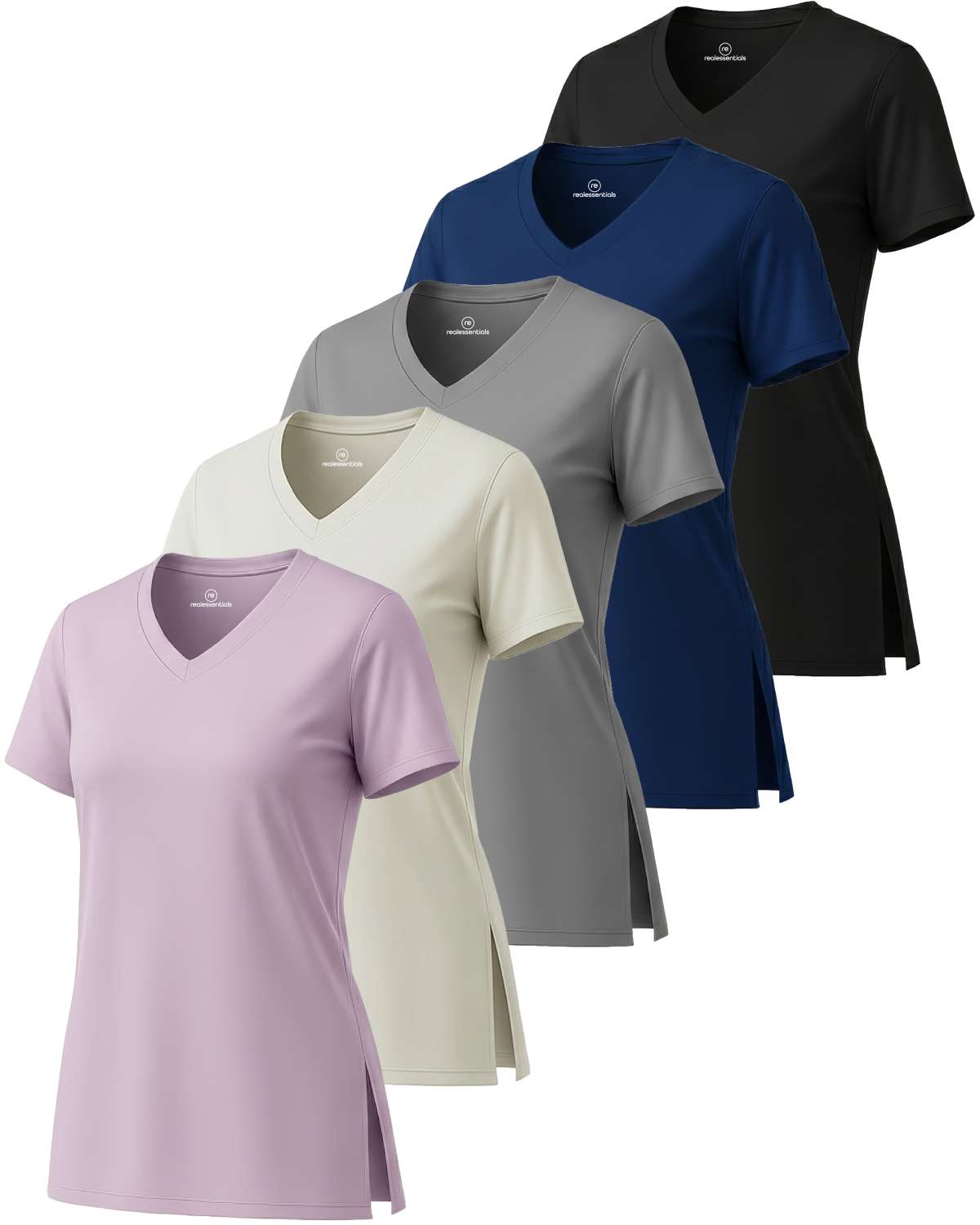 Real Essentials 5 Pack: Women's Short Sleeve Split Hem V-Neck T-Shirts, Athletic Tops, Gym, Workout, Yoga, Activewear (Plus)