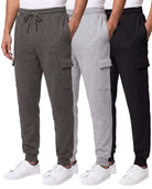 Real Essentials 3 Pack Mens Fleece Cargo Joggers Sweatpants Cuffed Athletic Gym Pockets - Solid Black, Charcoal Heather, Grey Heather
