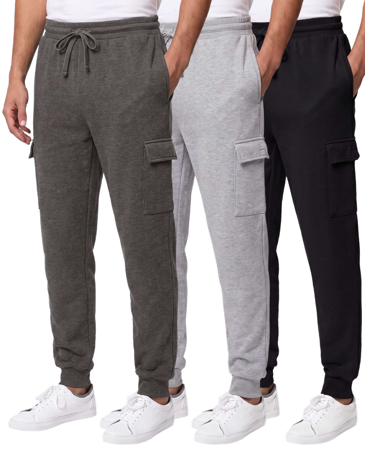 Real Essentials 3 Pack Mens Fleece Cargo Joggers Sweatpants Cuffed Athletic Gym Pockets - Solid Black, Charcoal Heather, Grey Heather