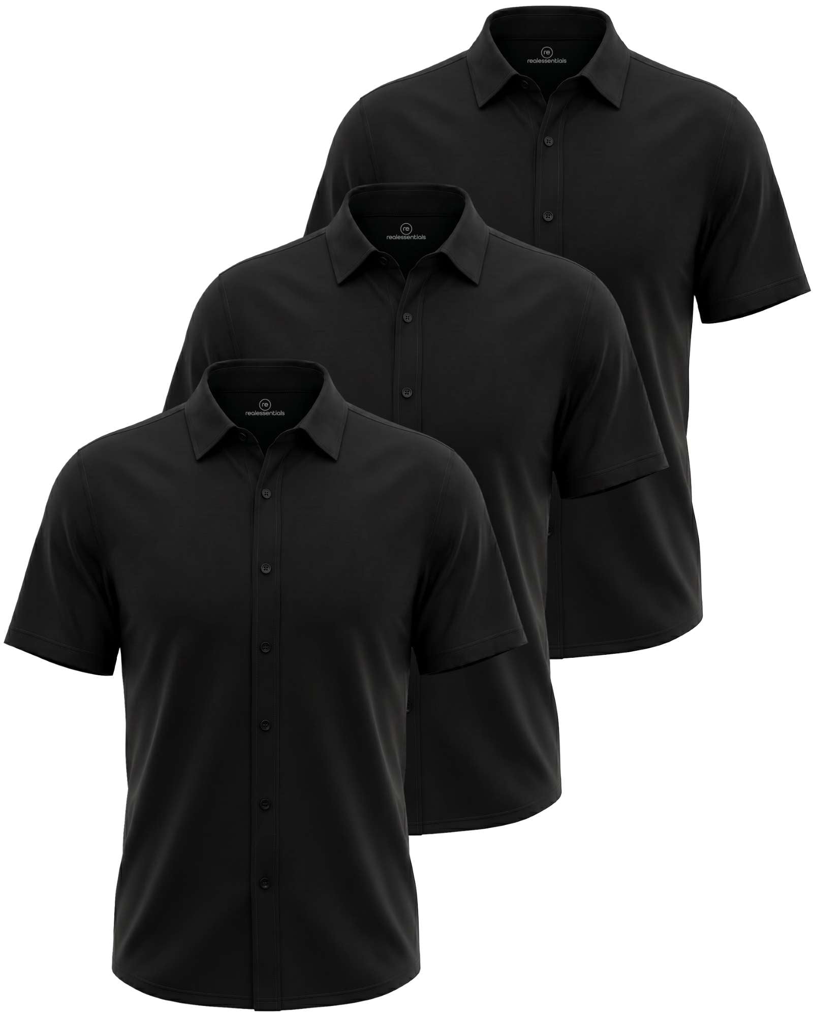 Real Essentials 3 Pack Men's Cotton Short Sleeve Button Down Casual Work Shirt Button Up - Solid Black, Solid Black, Solid Black