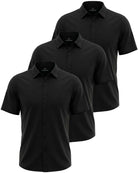 Real Essentials 3 Pack Men's Cotton Short Sleeve Button Down Casual Work Shirt Button Up - Solid Black, Solid Black, Solid Black