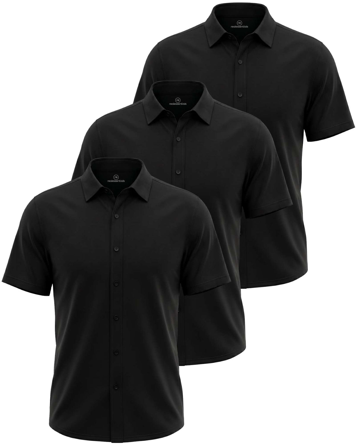 Real Essentials 3 Pack Men's Cotton Short Sleeve Button Down Casual Work Shirt Button Up - Solid Black, Solid Black, Solid Black