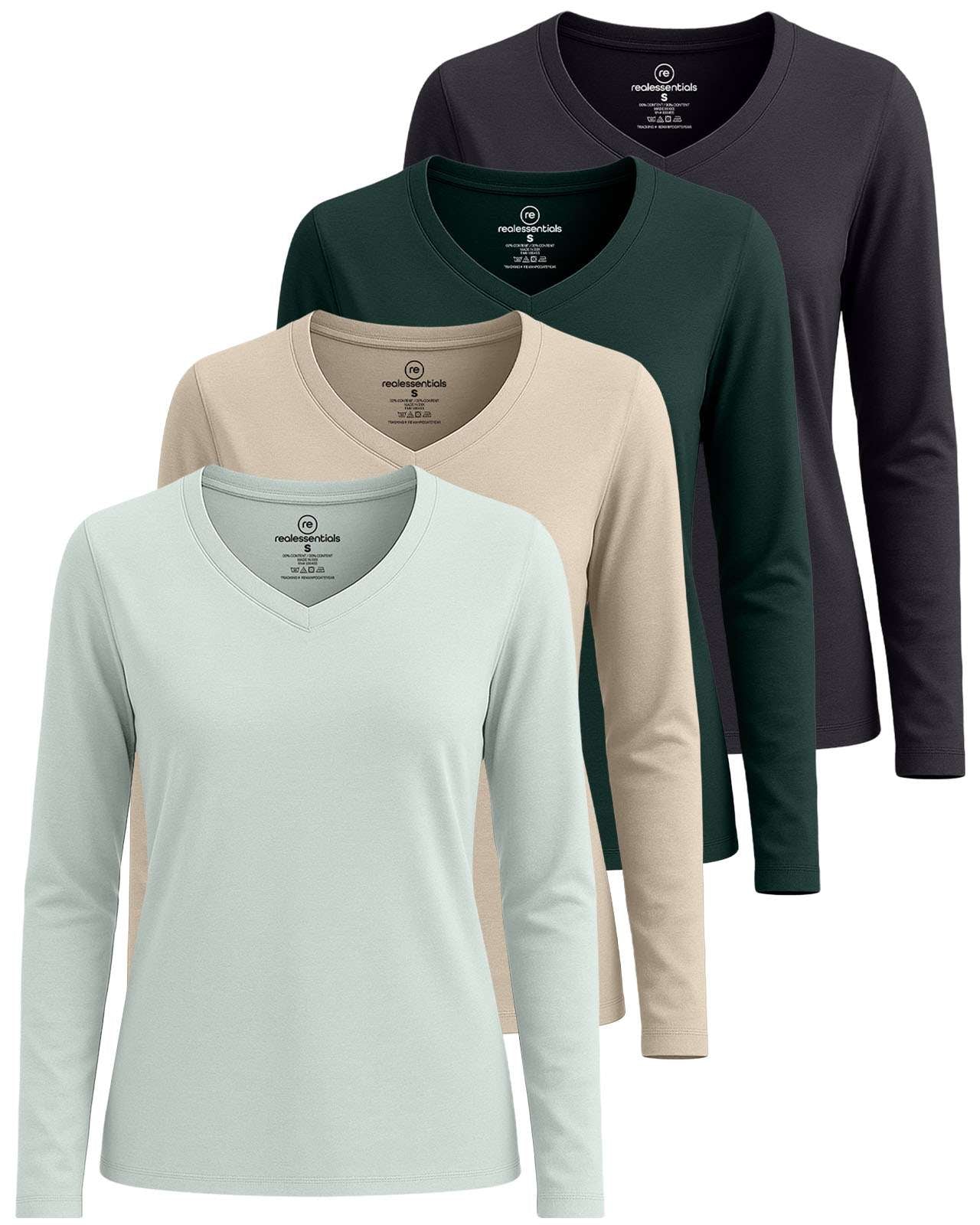 Real Essentials 4 Pack: Women’s Cotton Long Sleeve V-Neck T-Shirts – Soft Casual Lounge Tee Tops (Available in Plus)